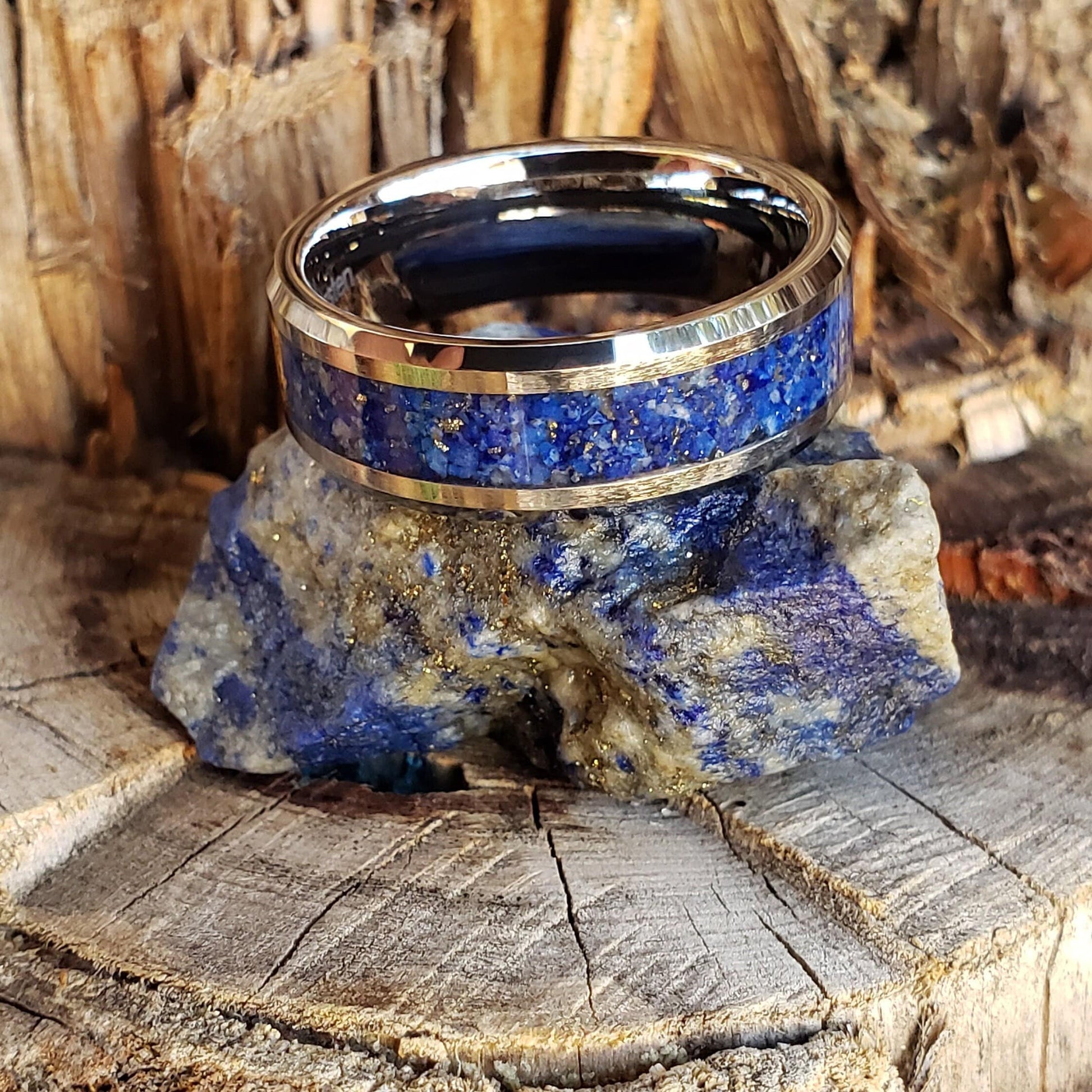 Royalty Ring - Lapis Lazuli Crystal Inlay, Tungsten Titanium Ceramic, Men Women, Wedding Ring, His Hers Promise, Engagement Ring 8mm 6mm