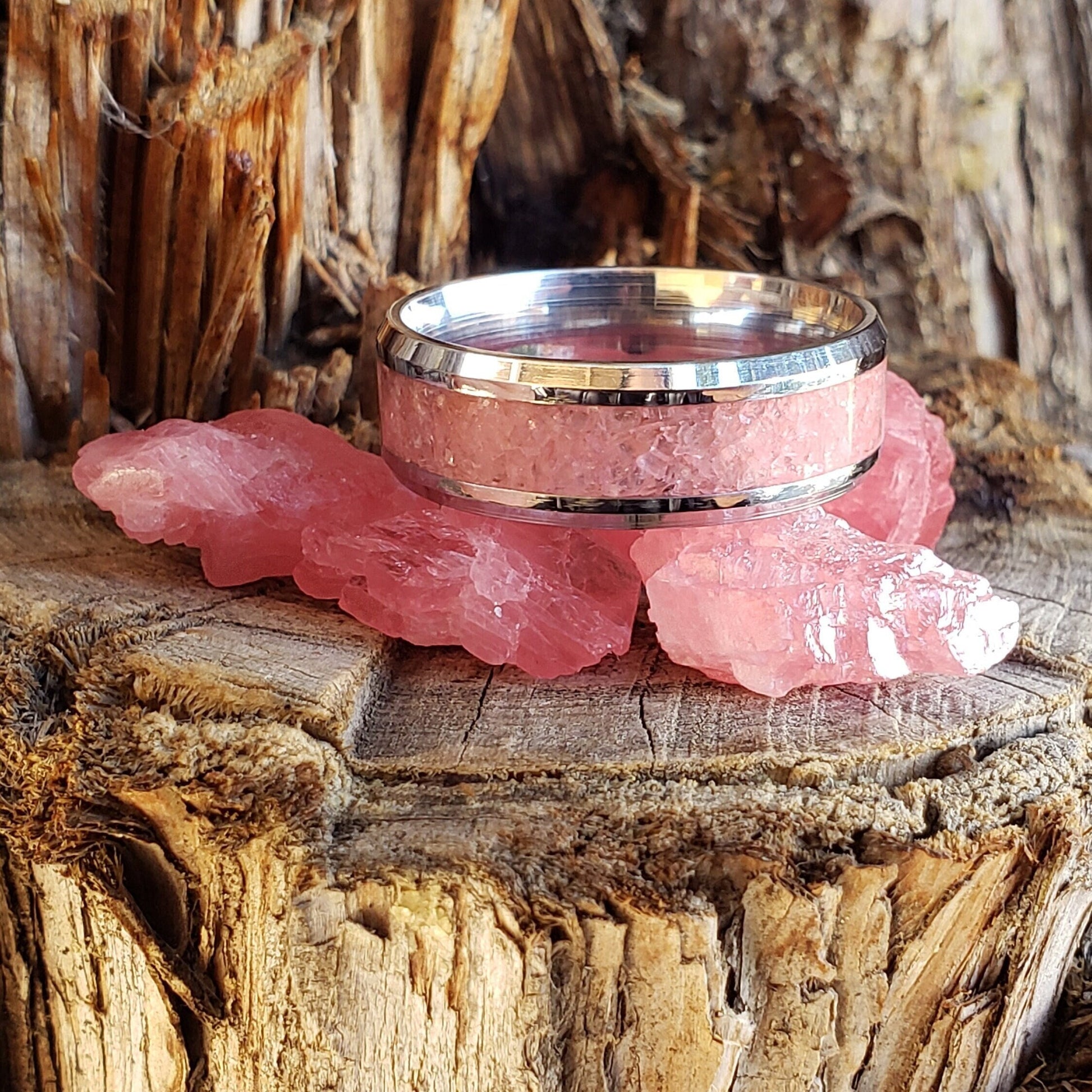 Soul Petals Ring - Rhodochrosite Crystal Inlay, Tungsten Titanium Ceramic, Men Women, Wedding Ring, His Hers Promise, Engagement Ring 8mm 6