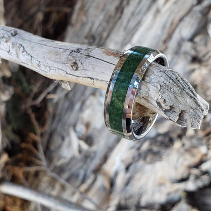 Prosperity Ring - Emerald Crystal Inlay, Tungsten Titanium Ceramic, Men Women, Wedding Ring, His Hers Promise Ring, Engagement Ring 8mm 6mm