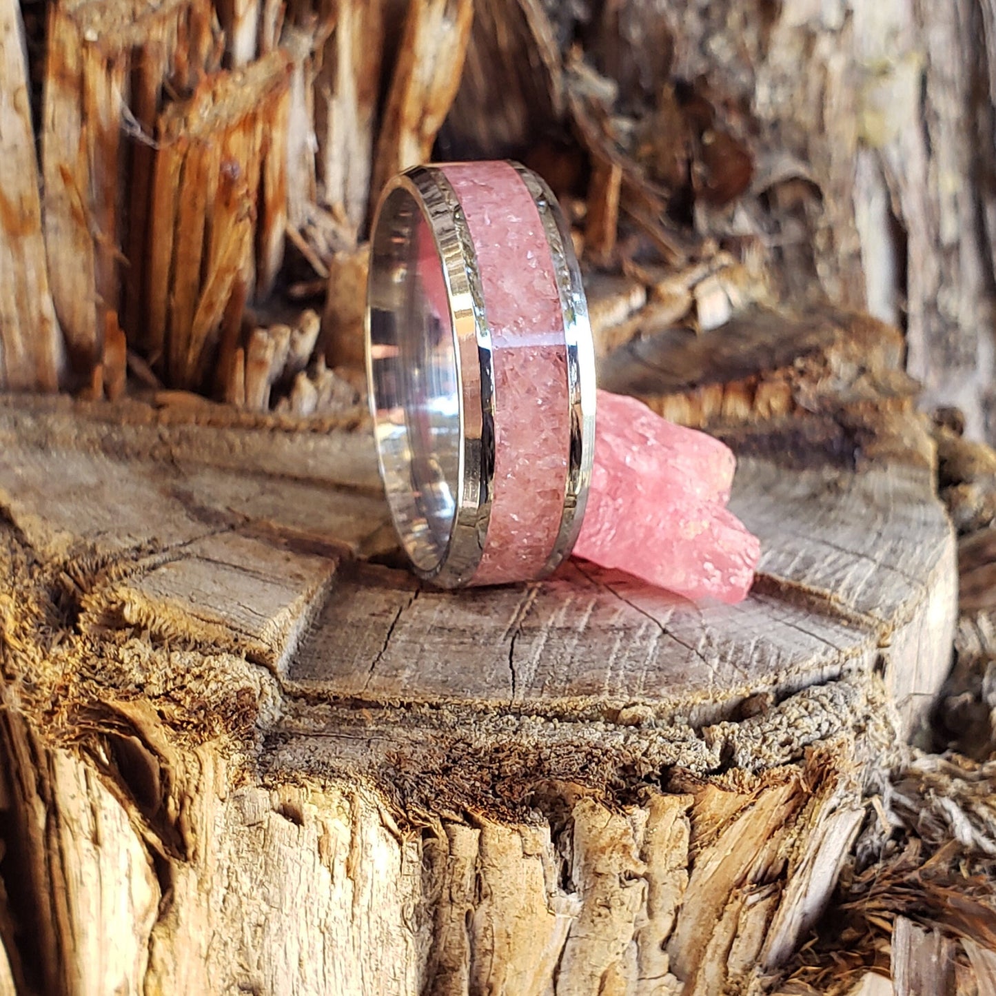 Soul Petals Ring - Rhodochrosite Crystal Inlay, Tungsten Titanium Ceramic, Men Women, Wedding Ring, His Hers Promise, Engagement Ring 8mm 6