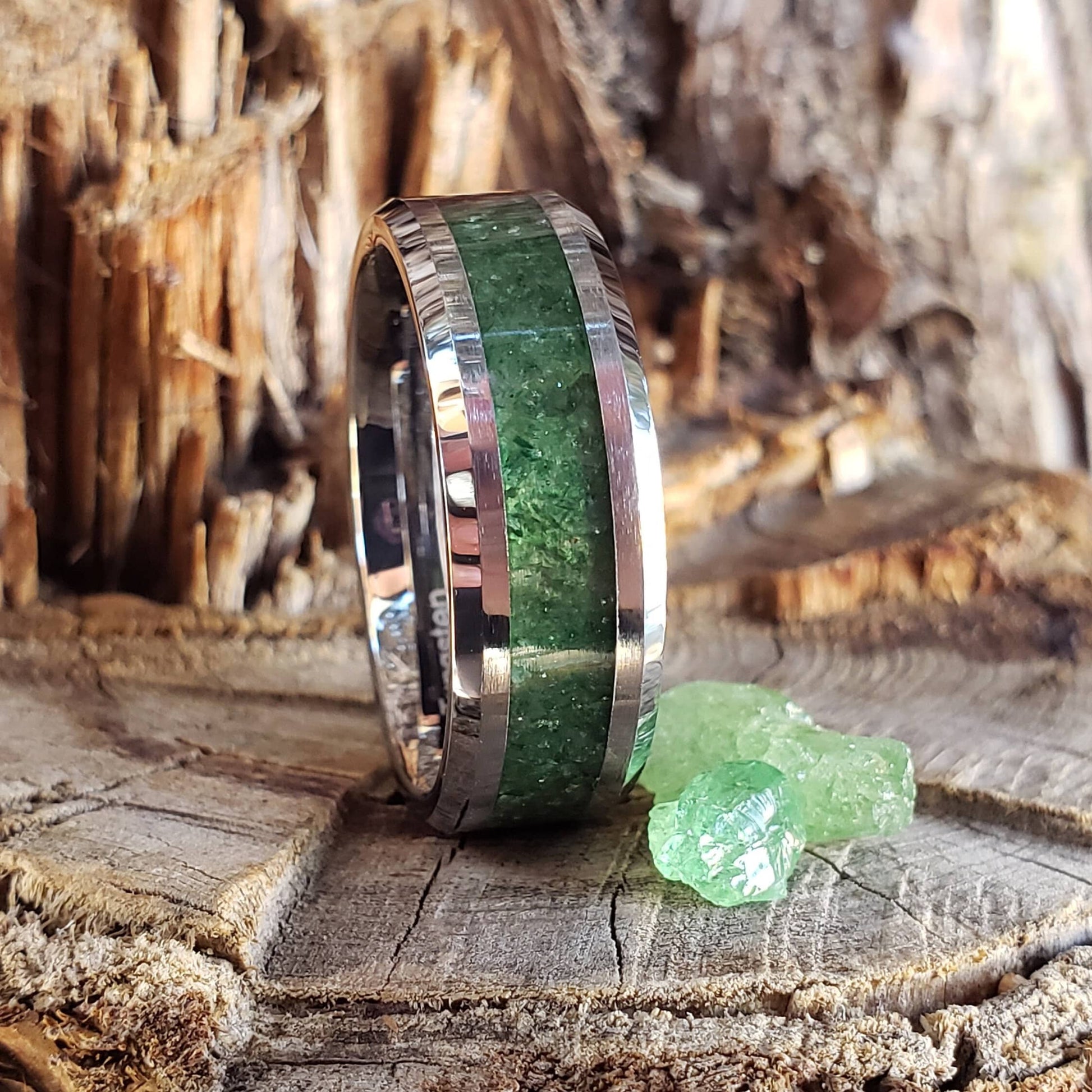 Prosperity Ring - Emerald Crystal Inlay, Tungsten Titanium Ceramic, Men Women, Wedding Ring, His Hers Promise Ring, Engagement Ring 8mm 6mm