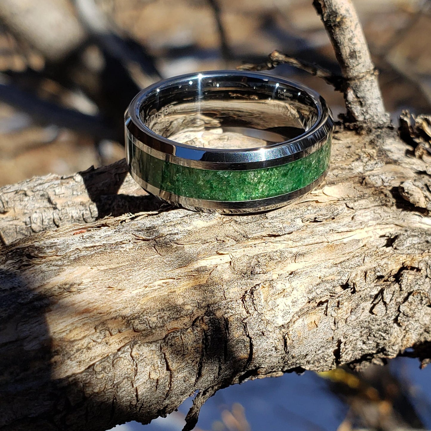 Prosperity Ring - Emerald Crystal Inlay, Tungsten Titanium Ceramic, Men Women, Wedding Ring, His Hers Promise Ring, Engagement Ring 8mm 6mm