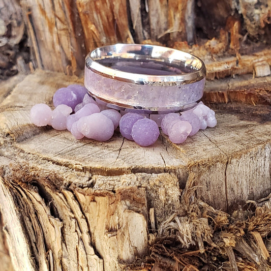 Celestial Ring - Grape Agate Crystal Inlay, Tungsten Titanium Ceramic, Men Women, Wedding Ring, His Hers Promise, Engagement Ring 8mm 6mm