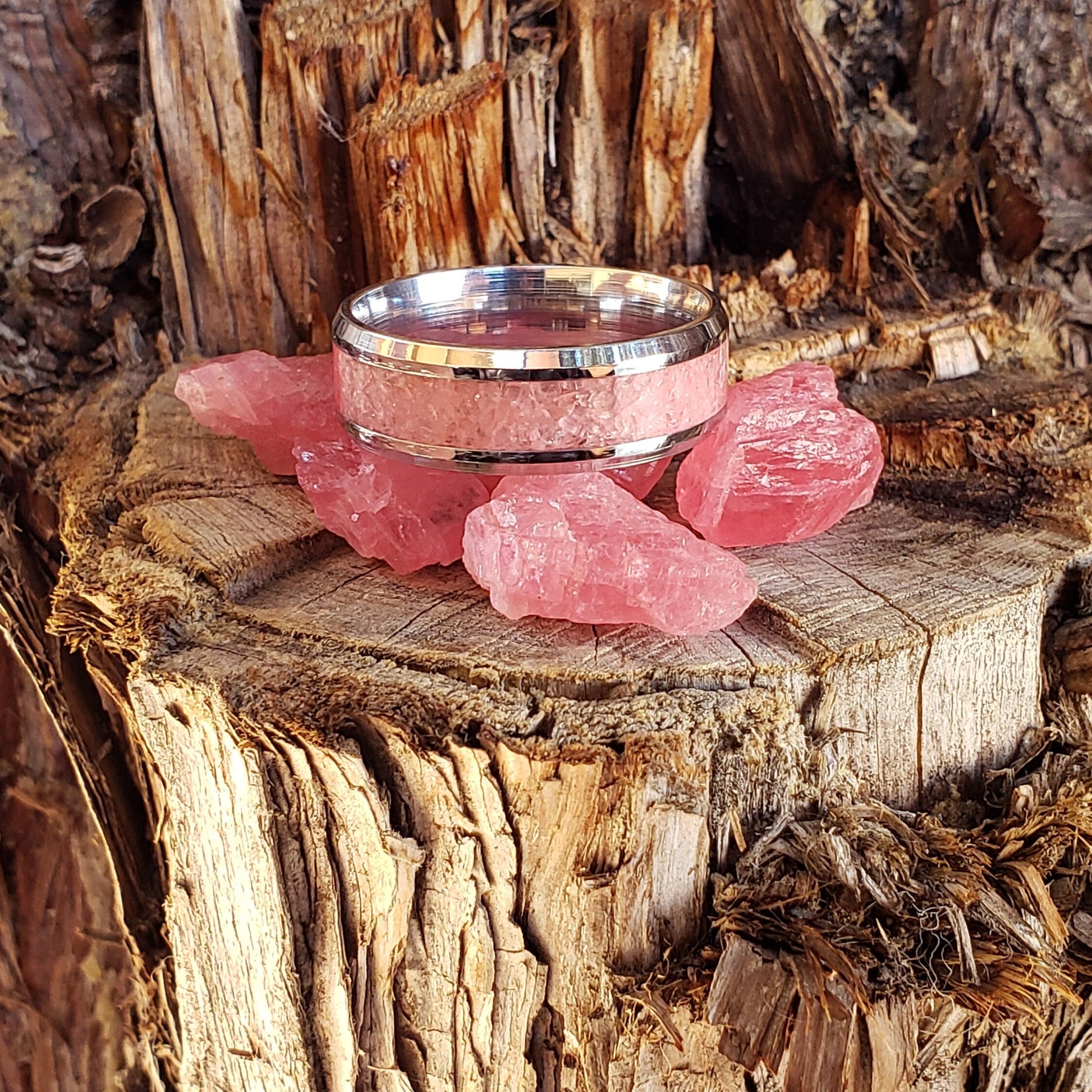 Soul Petals Ring - Rhodochrosite Crystal Inlay, Tungsten Titanium Ceramic, Men Women, Wedding Ring, His Hers Promise, Engagement Ring 8mm 6
