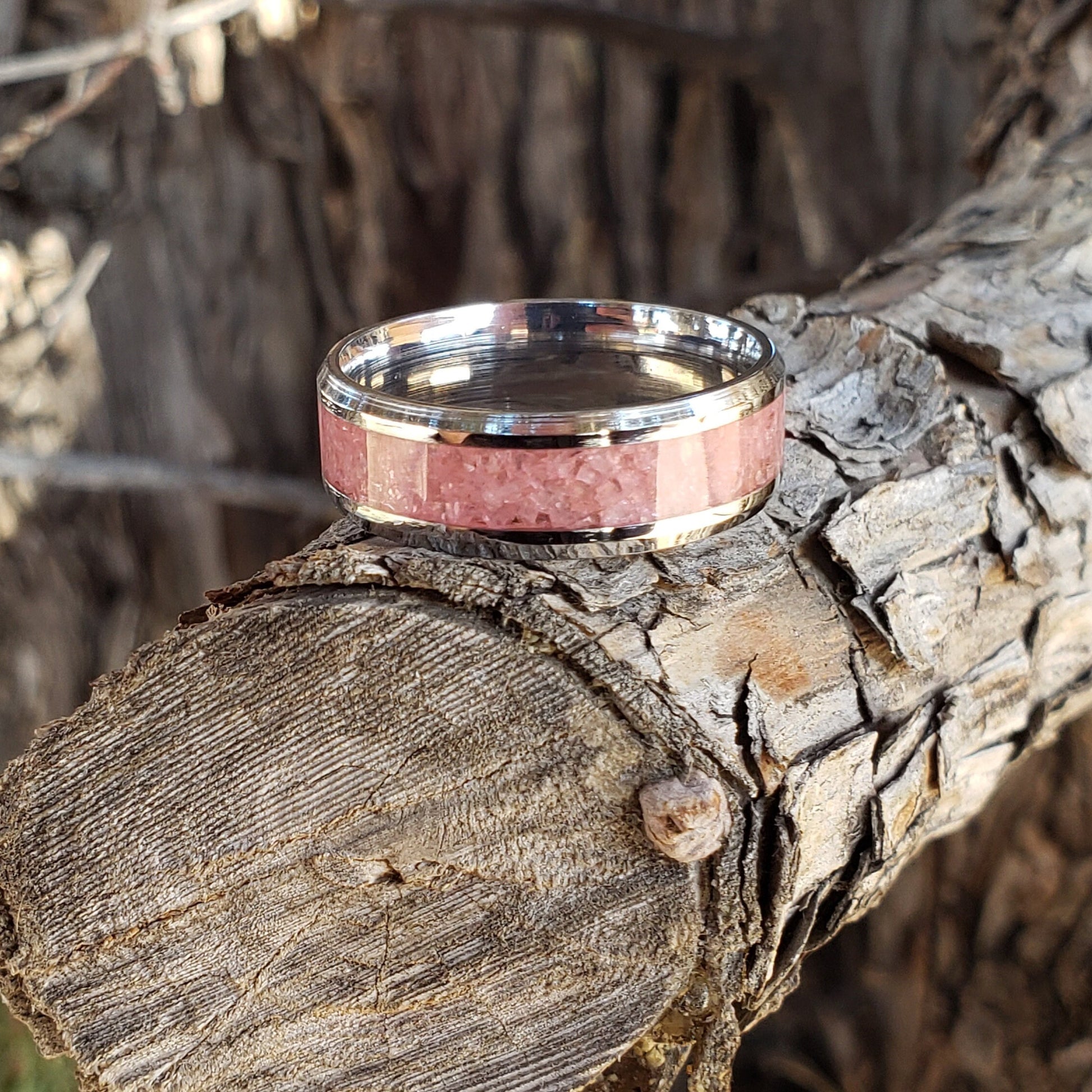Soul Petals Ring - Rhodochrosite Crystal Inlay, Tungsten Titanium Ceramic, Men Women, Wedding Ring, His Hers Promise, Engagement Ring 8mm 6