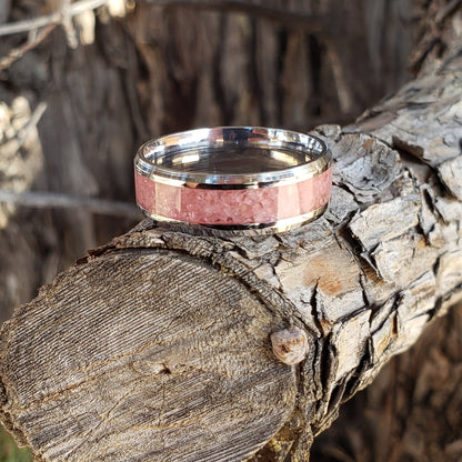 Soul Petals Ring - Rhodochrosite Crystal Inlay, Tungsten Titanium Ceramic, Men Women, Wedding Ring, His Hers Promise, Engagement Ring 8mm 6
