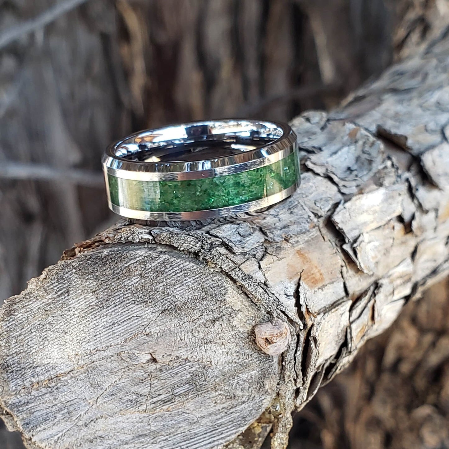 Prosperity Ring - Emerald Crystal Inlay, Tungsten Titanium Ceramic, Men Women, Wedding Ring, His Hers Promise Ring, Engagement Ring 8mm 6mm