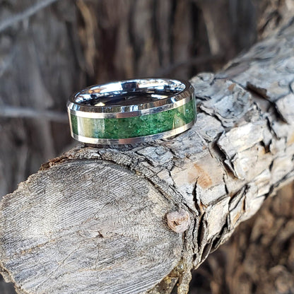 Prosperity Ring - Emerald Crystal Inlay, Tungsten Titanium Ceramic, Men Women, Wedding Ring, His Hers Promise Ring, Engagement Ring 8mm 6mm