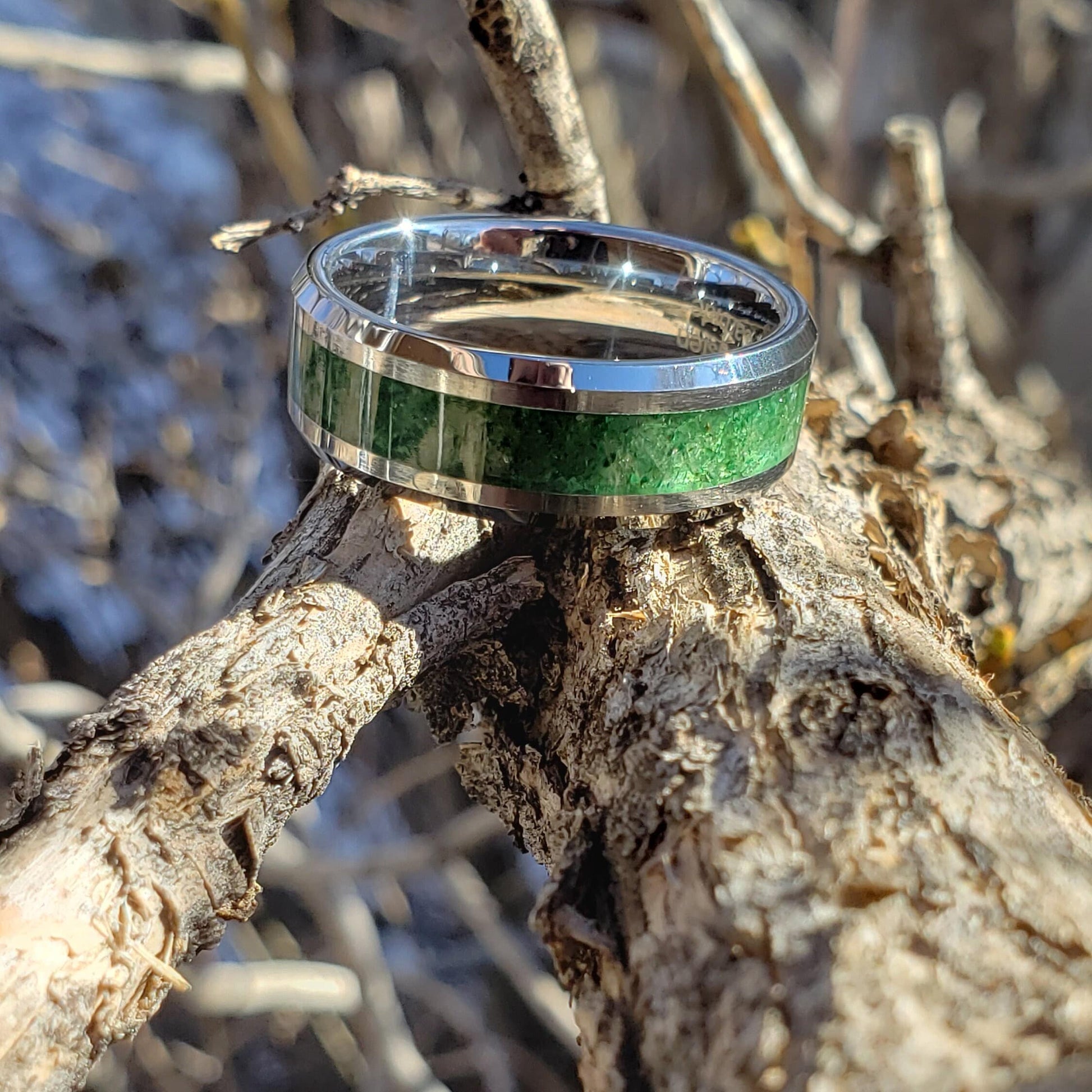 Prosperity Ring - Emerald Crystal Inlay, Tungsten Titanium Ceramic, Men Women, Wedding Ring, His Hers Promise Ring, Engagement Ring 8mm 6mm