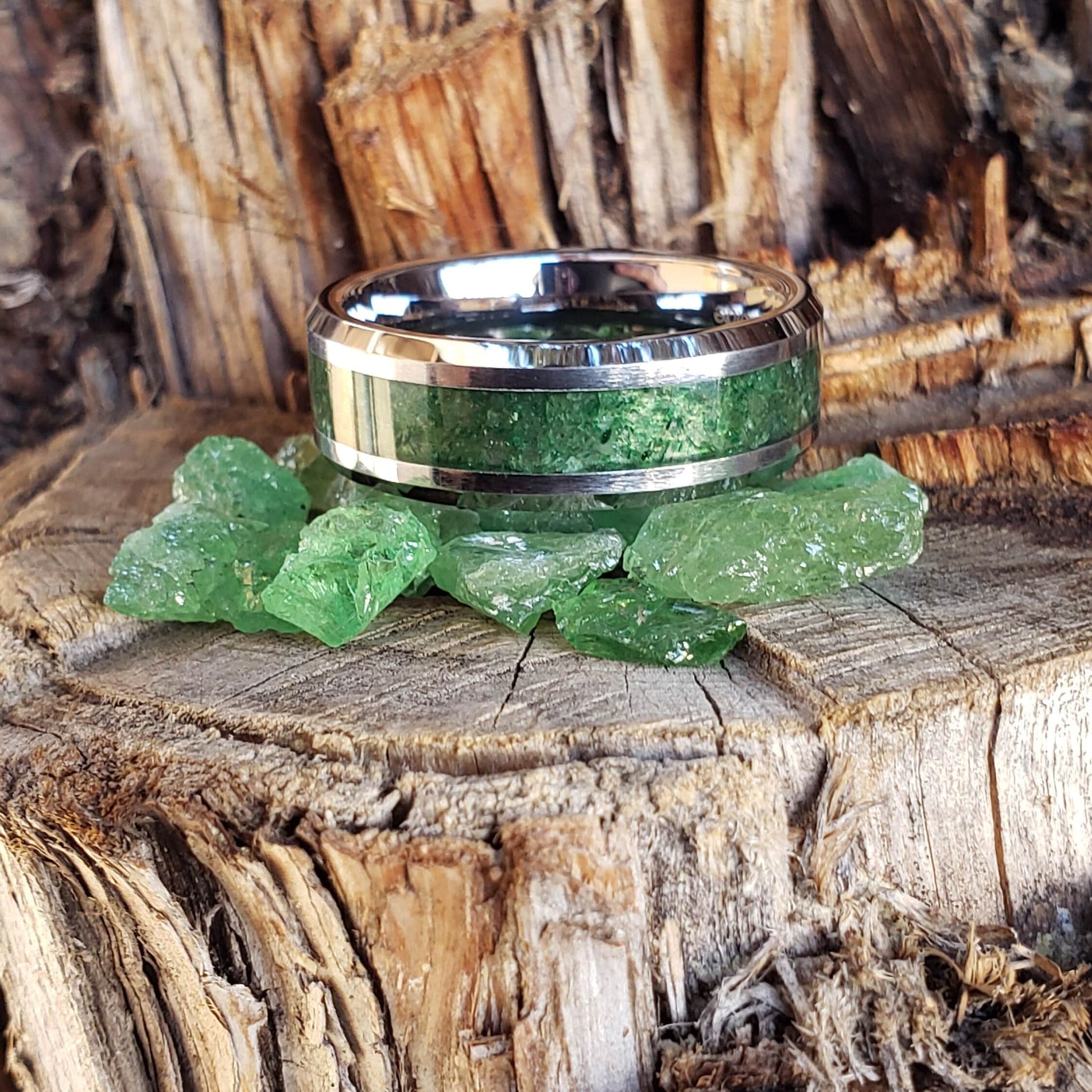 Prosperity Ring - Emerald Crystal Inlay, Tungsten Titanium Ceramic, Men Women, Wedding Ring, His Hers Promise Ring, Engagement Ring 8mm 6mm
