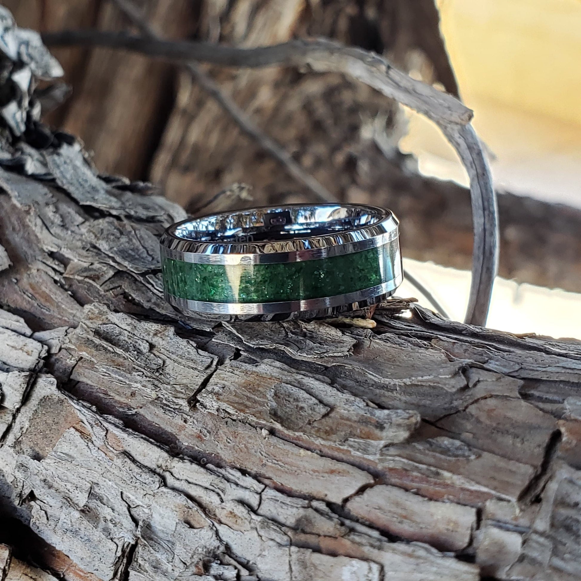 Prosperity Ring - Emerald Crystal Inlay, Tungsten Titanium Ceramic, Men Women, Wedding Ring, His Hers Promise Ring, Engagement Ring 8mm 6mm
