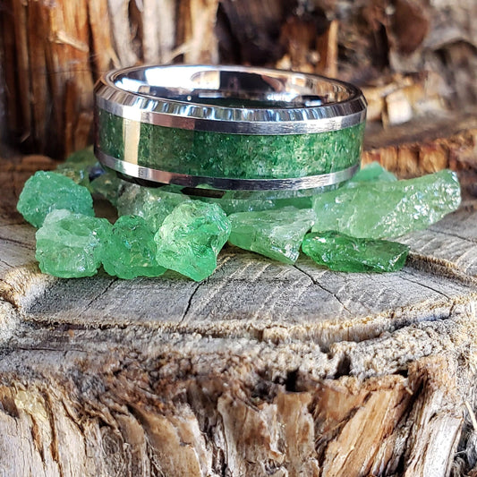 Prosperity Ring - Emerald Crystal Inlay, Tungsten Titanium Ceramic, Men Women, Wedding Ring, His Hers Promise Ring, Engagement Ring 8mm 6mm
