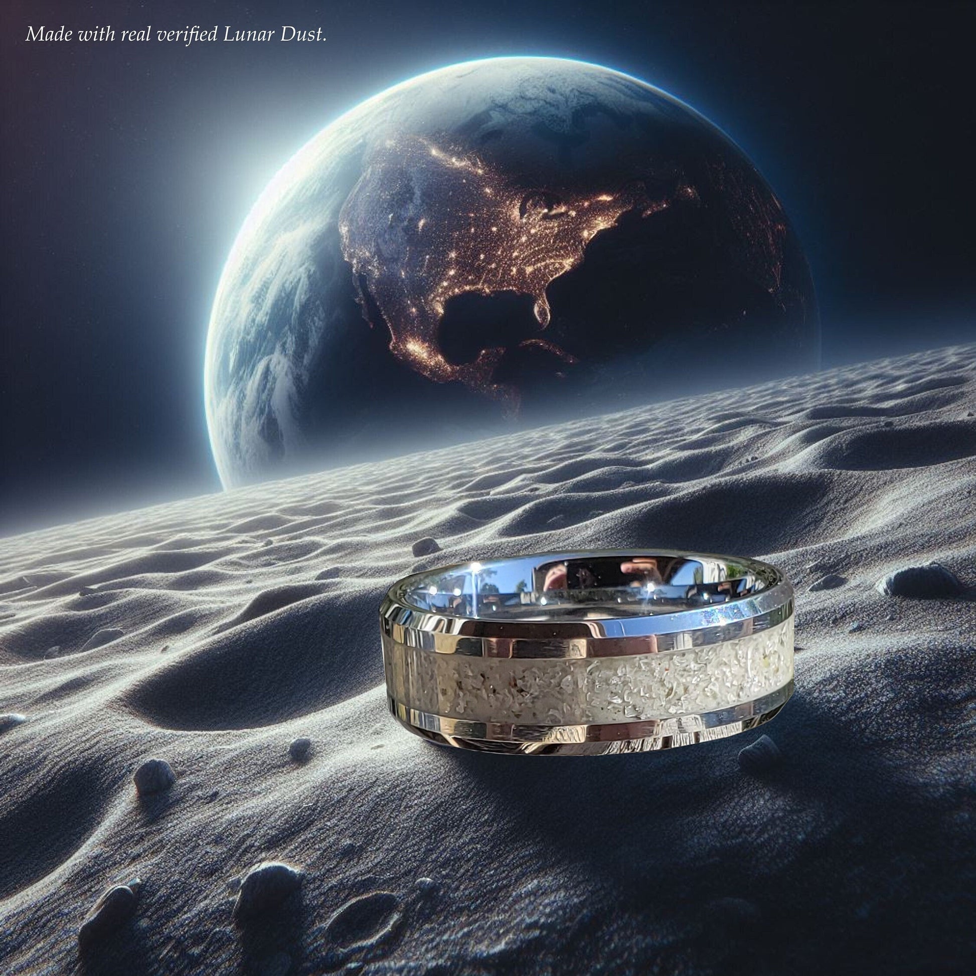 Lunar Ice Glow Ring - Moon Dust & Diamond Inlay, Tungsten Titanium Ceramic, Men Women, Wedding Ring, His Hers Promise, Engagement 8mm 6mm