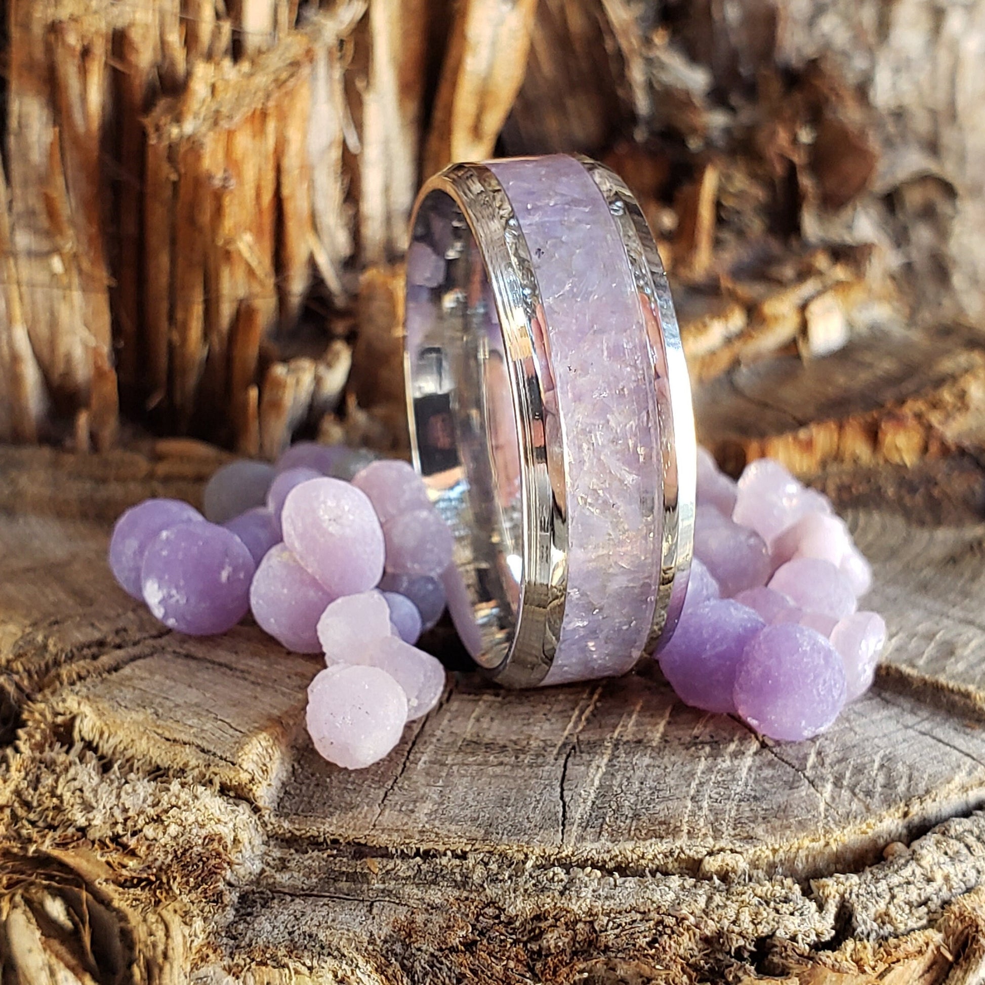 Celestial Ring - Grape Agate Crystal Inlay, Tungsten Titanium Ceramic, Men Women, Wedding Ring, His Hers Promise, Engagement Ring 8mm 6mm