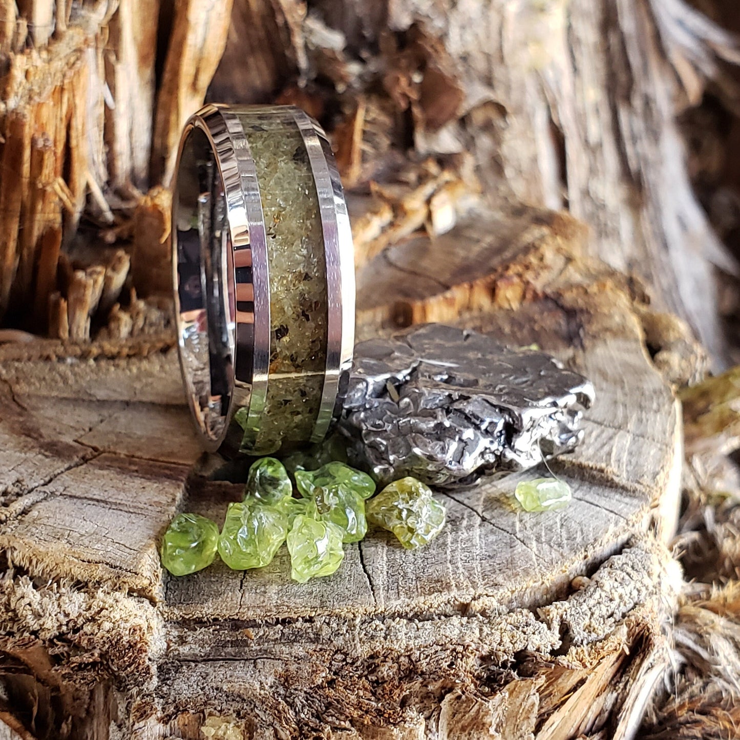 Nova Ring - Admire Pallasite Meteorite Inlay, Tungsten Titanium Ceramic, Men Women, Wedding Ring, His Hers Promise, Engagement Ring 8mm 6mm