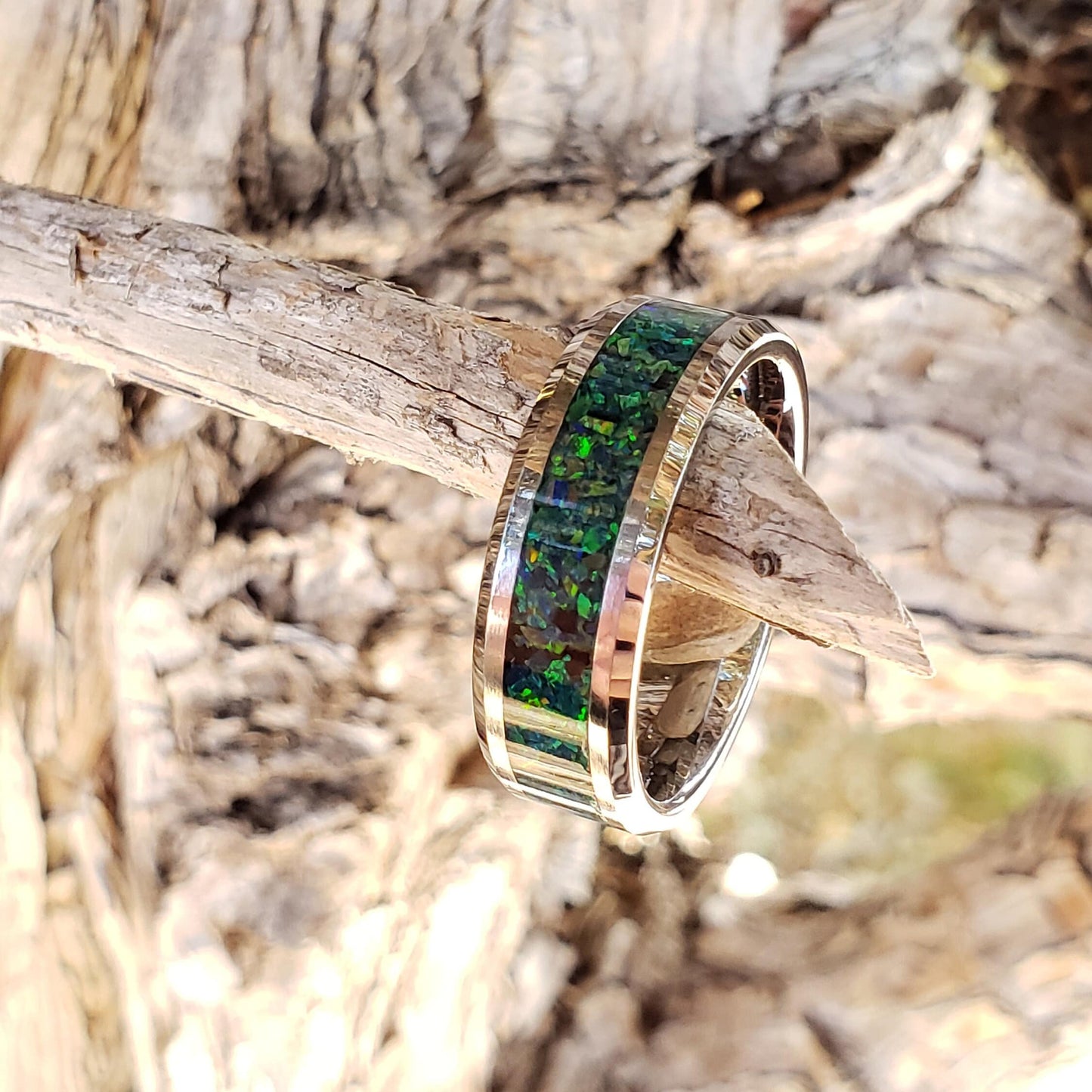 Dragon Scale Ring - Green Opal Crystal Inlay, Tungsten Titanium Ceramic, Men Women, Wedding Ring, His Hers Promise, Engagement Ring 8mm 6mm