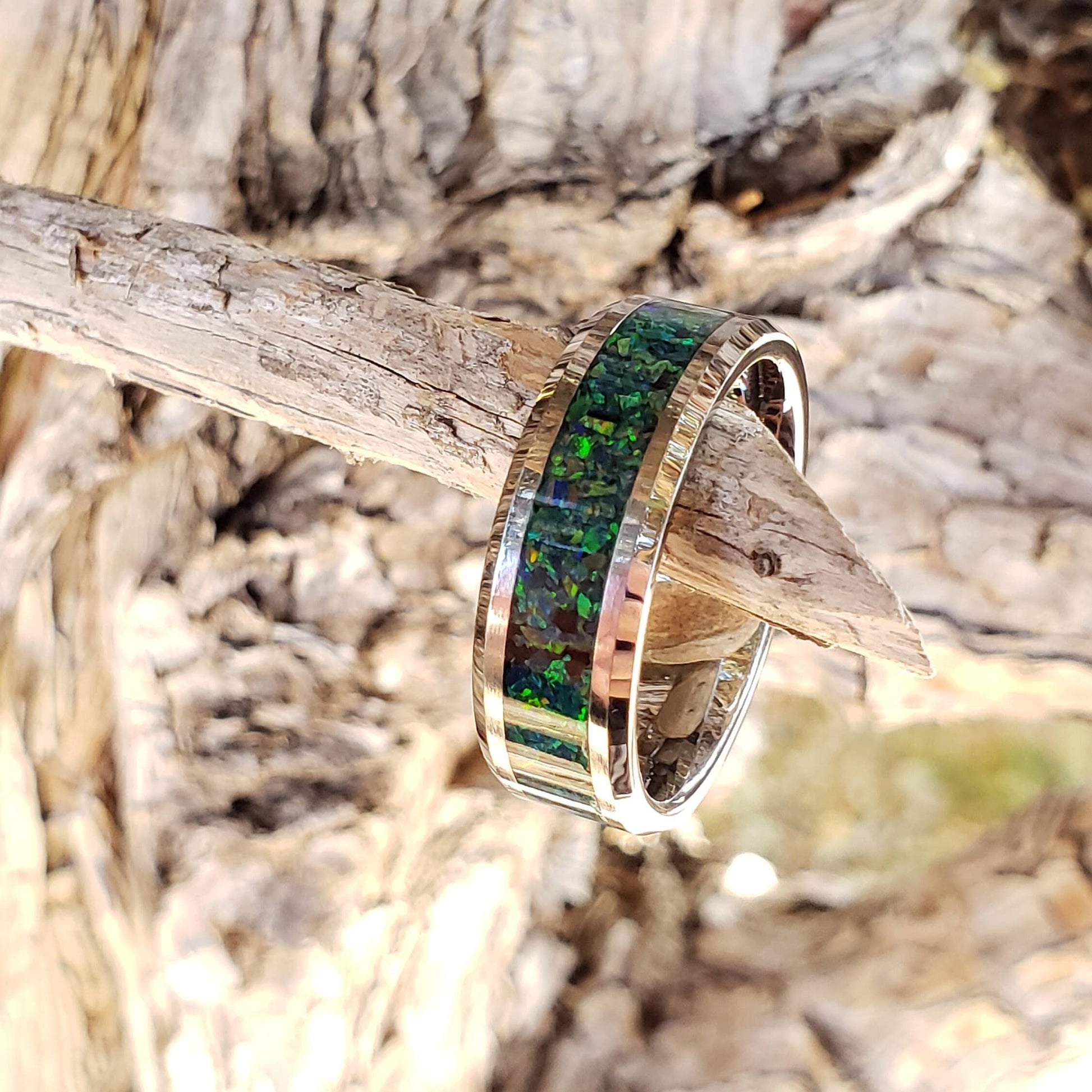 Dragon Scale Ring - Green Opal Crystal Inlay, Tungsten Titanium Ceramic, Men Women, Wedding Ring, His Hers Promise, Engagement Ring 8mm 6mm