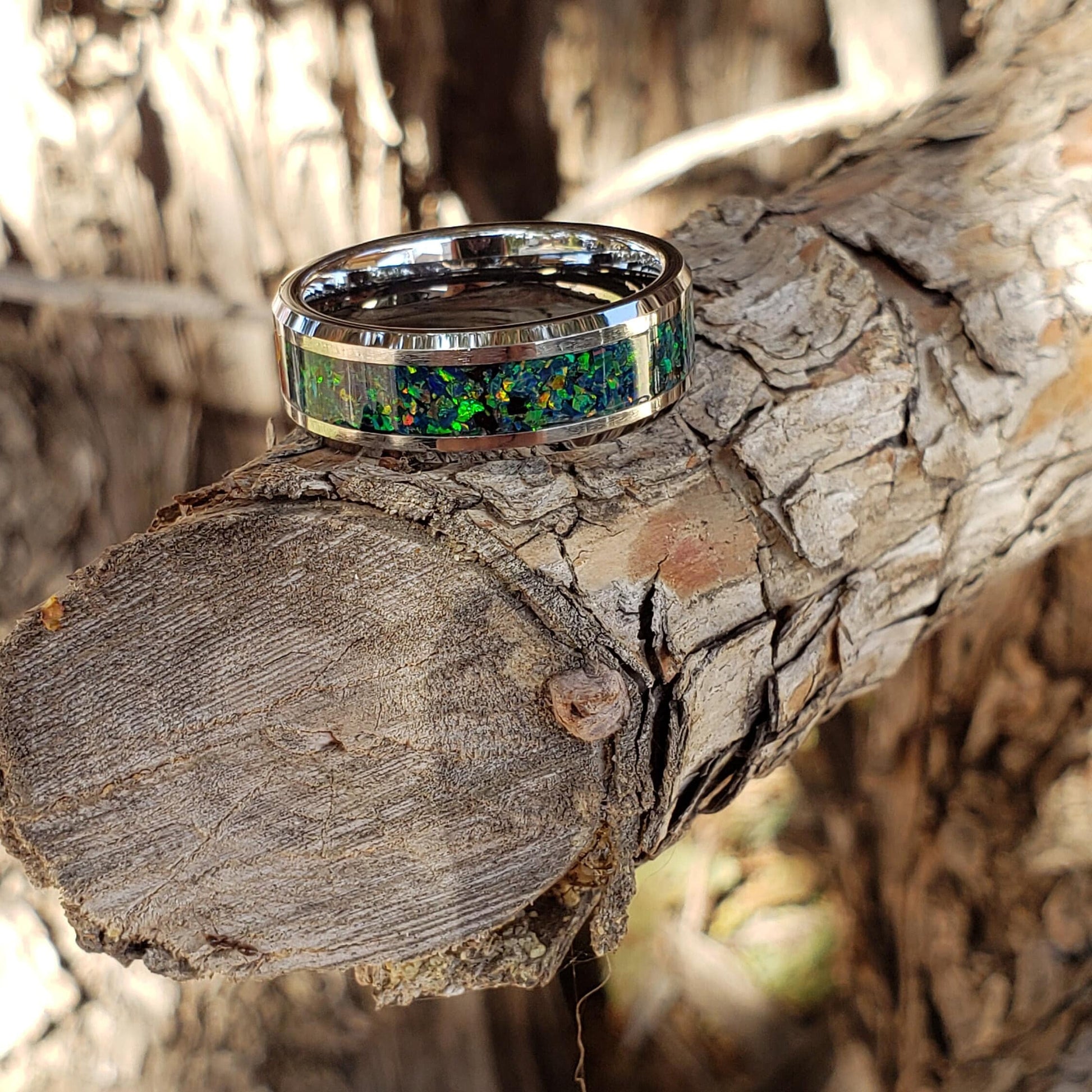 Dragon Scale Ring - Green Opal Crystal Inlay, Tungsten Titanium Ceramic, Men Women, Wedding Ring, His Hers Promise, Engagement Ring 8mm 6mm