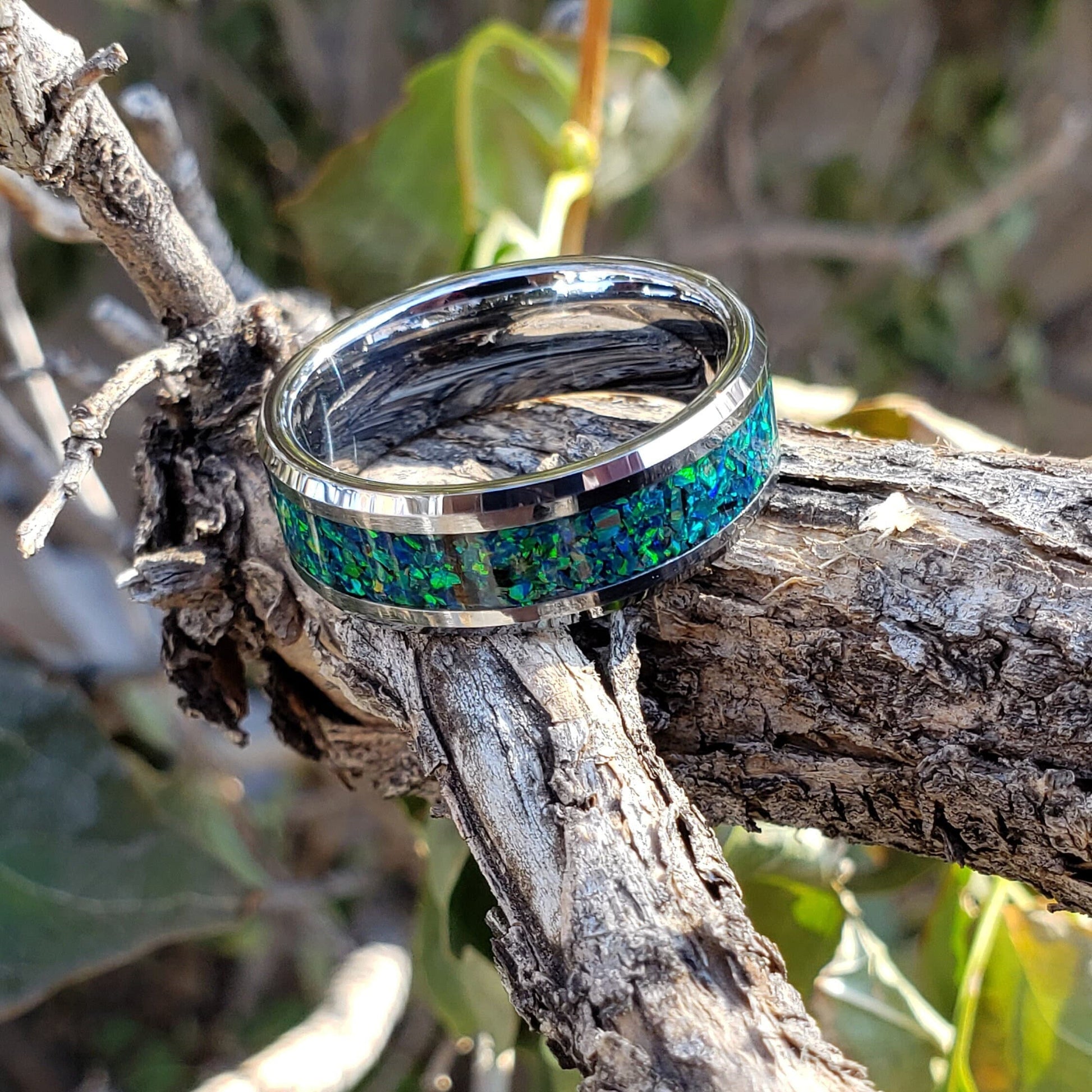 Dragon Scale Ring - Green Opal Crystal Inlay, Tungsten Titanium Ceramic, Men Women, Wedding Ring, His Hers Promise, Engagement Ring 8mm 6mm