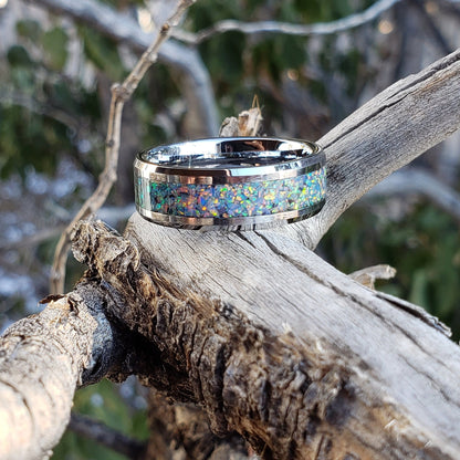 Prism Ring - Gray Opal Crystal Inlay, Tungsten Titanium Ceramic, Men Women, Wedding Ring, His Hers Promise, Engagement Ring 8mm 6mm
