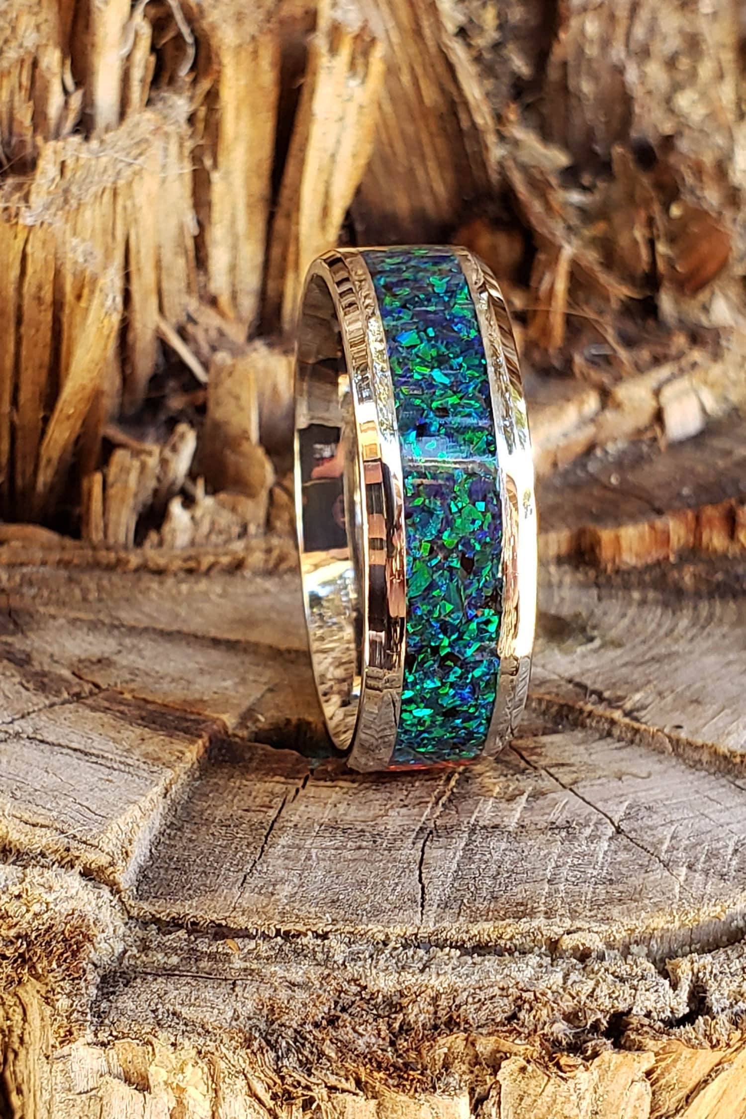 Magic Forest Ring - Green Opal Crystal Inlay, Tungsten Titanium Ceramic, Men Women, Wedding Ring, His Hers Promise, Engagement Ring 8mm 6mm