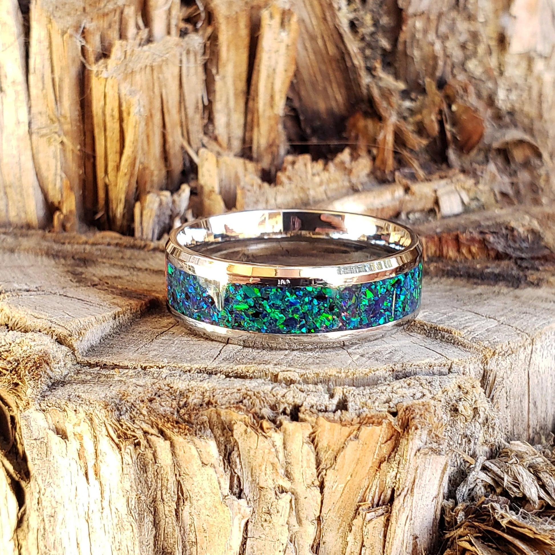 Magic Forest Ring - Green Opal Crystal Inlay, Tungsten Titanium Ceramic, Men Women, Wedding Ring, His Hers Promise, Engagement Ring 8mm 6mm