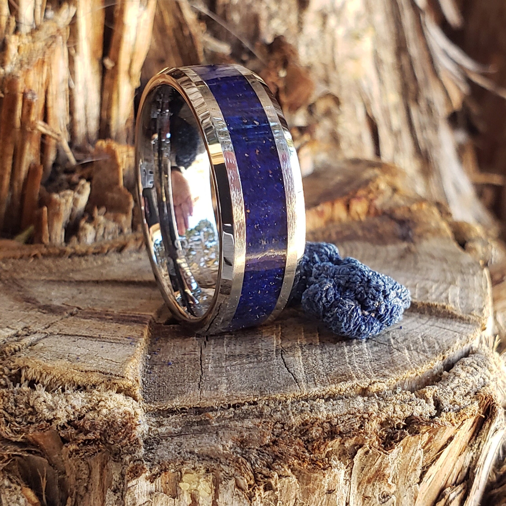 Azure Ring - Azurite Crystal Inlay, Tungsten Titanium Ceramic, Men Women, Wedding Ring, His Hers Promise, Engagement Ring 8mm 6mm