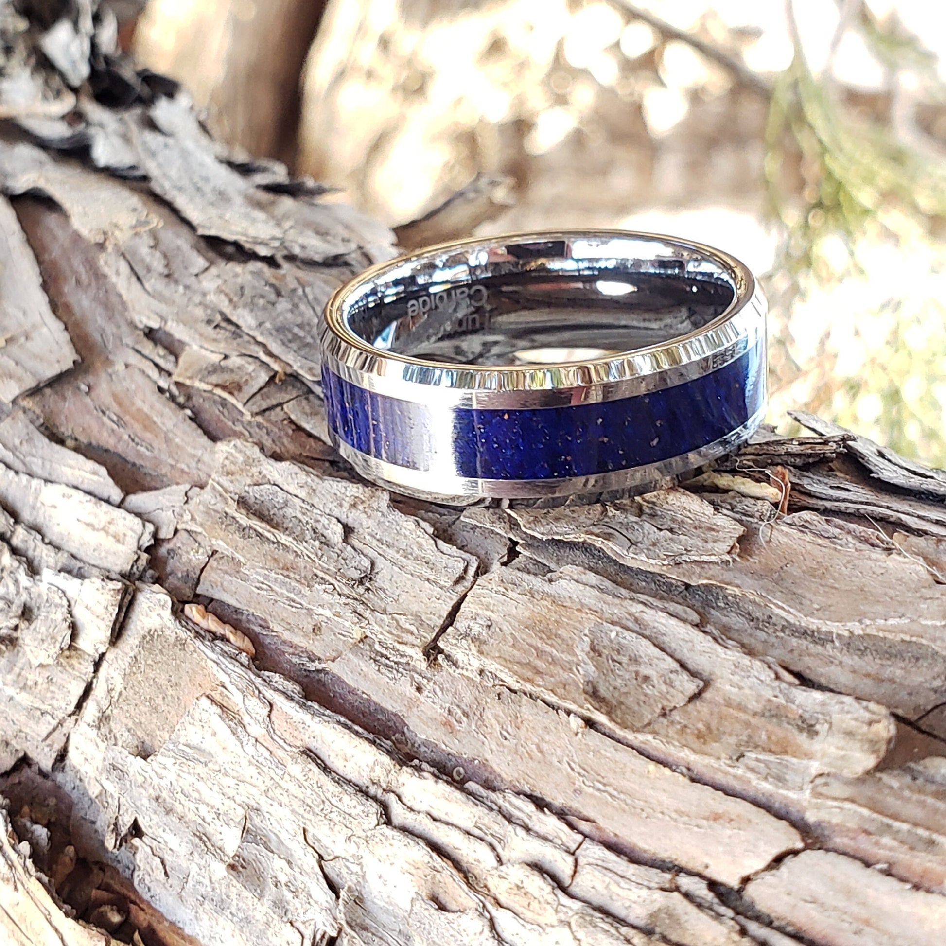 Azure Ring - Azurite Crystal Inlay, Tungsten Titanium Ceramic, Men Women, Wedding Ring, His Hers Promise, Engagement Ring 8mm 6mm