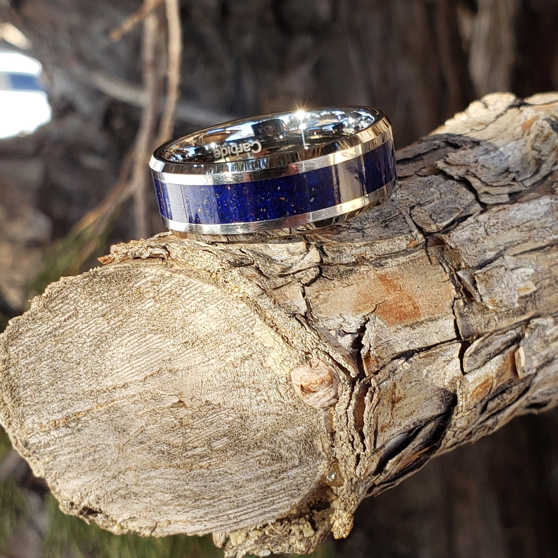 Azure Ring - Azurite Crystal Inlay, Tungsten Titanium Ceramic, Men Women, Wedding Ring, His Hers Promise, Engagement Ring 8mm 6mm