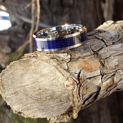 Azure Ring - Azurite Crystal Inlay, Tungsten Titanium Ceramic, Men Women, Wedding Ring, His Hers Promise, Engagement Ring 8mm 6mm