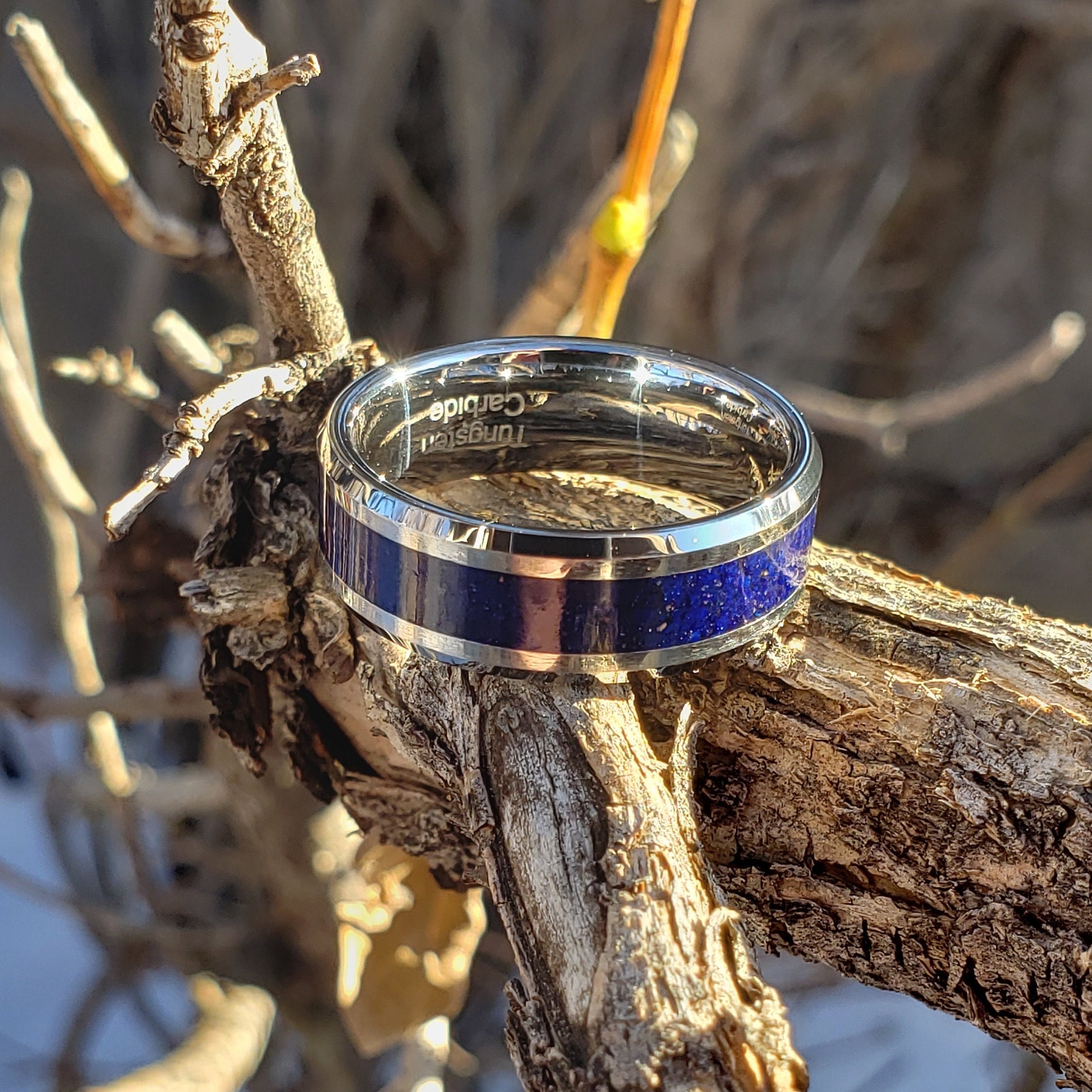 Azure Ring - Azurite Crystal Inlay, Tungsten Titanium Ceramic, Men Women, Wedding Ring, His Hers Promise, Engagement Ring 8mm 6mm