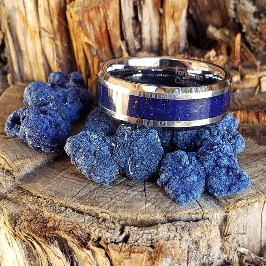 Azure Ring - Azurite Crystal Inlay, Tungsten Titanium Ceramic, Men Women, Wedding Ring, His Hers Promise, Engagement Ring 8mm 6mm