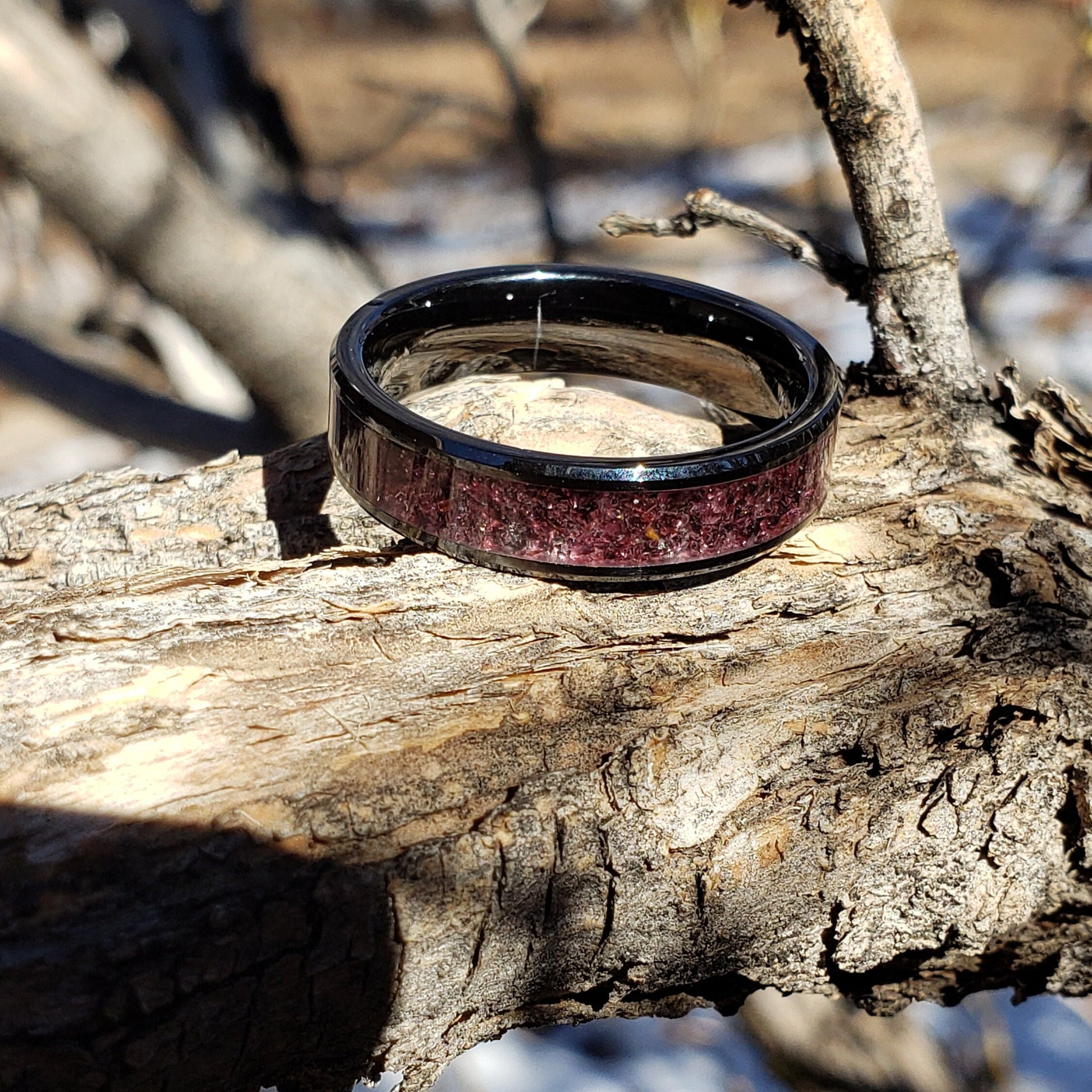 Red Midnight - Garnet Crystal Inlay Ring, Tungsten Titanium Ceramic Band, Men & Women, Wedding Ring, His Hers Promise Ring, Engagement Ring