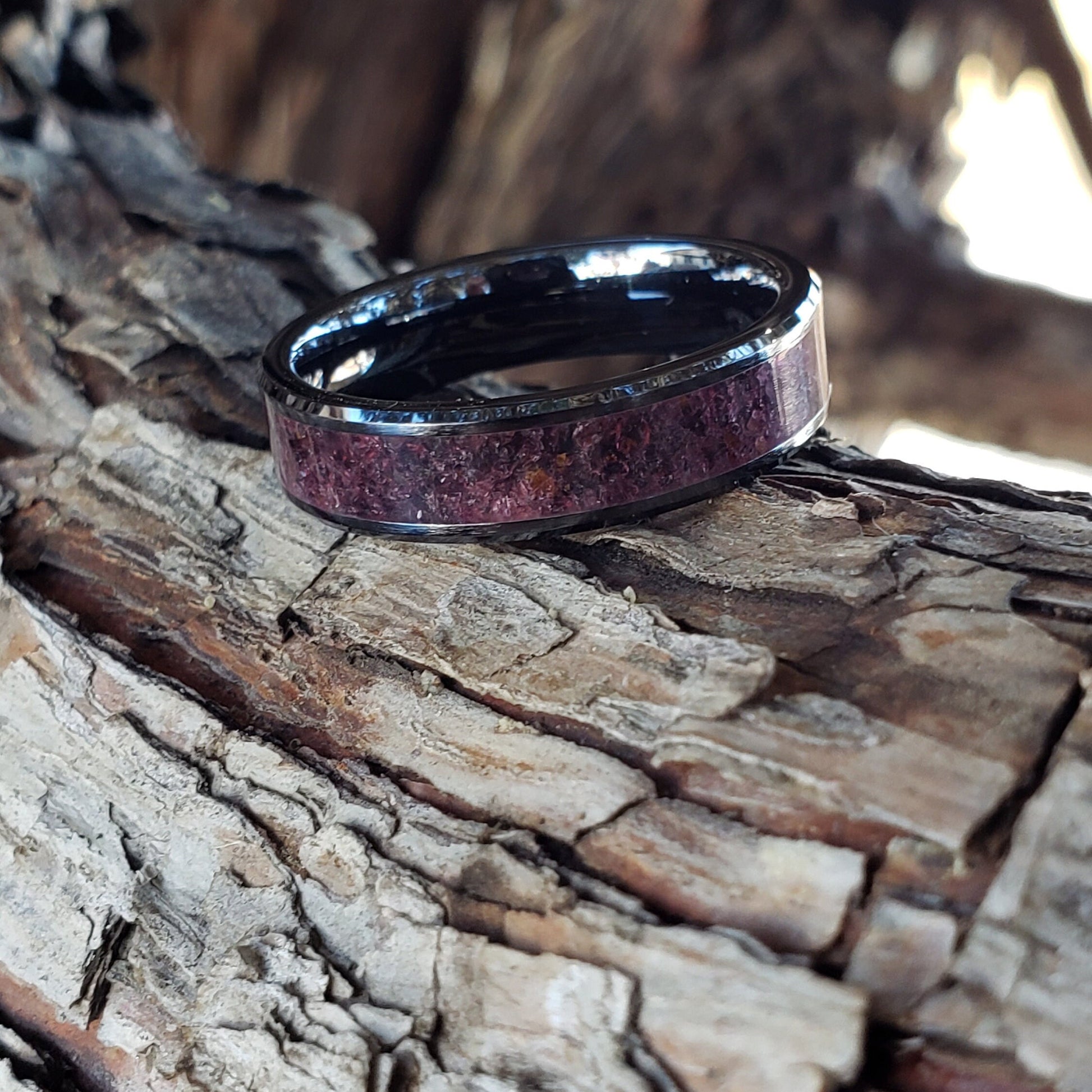 Red Midnight - Garnet Crystal Inlay Ring, Tungsten Titanium Ceramic Band, Men & Women, Wedding Ring, His Hers Promise Ring, Engagement Ring