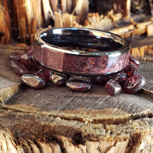 Red Midnight - Garnet Crystal Inlay Ring, Tungsten Titanium Ceramic Band, Men & Women, Wedding Ring, His Hers Promise Ring, Engagement Ring