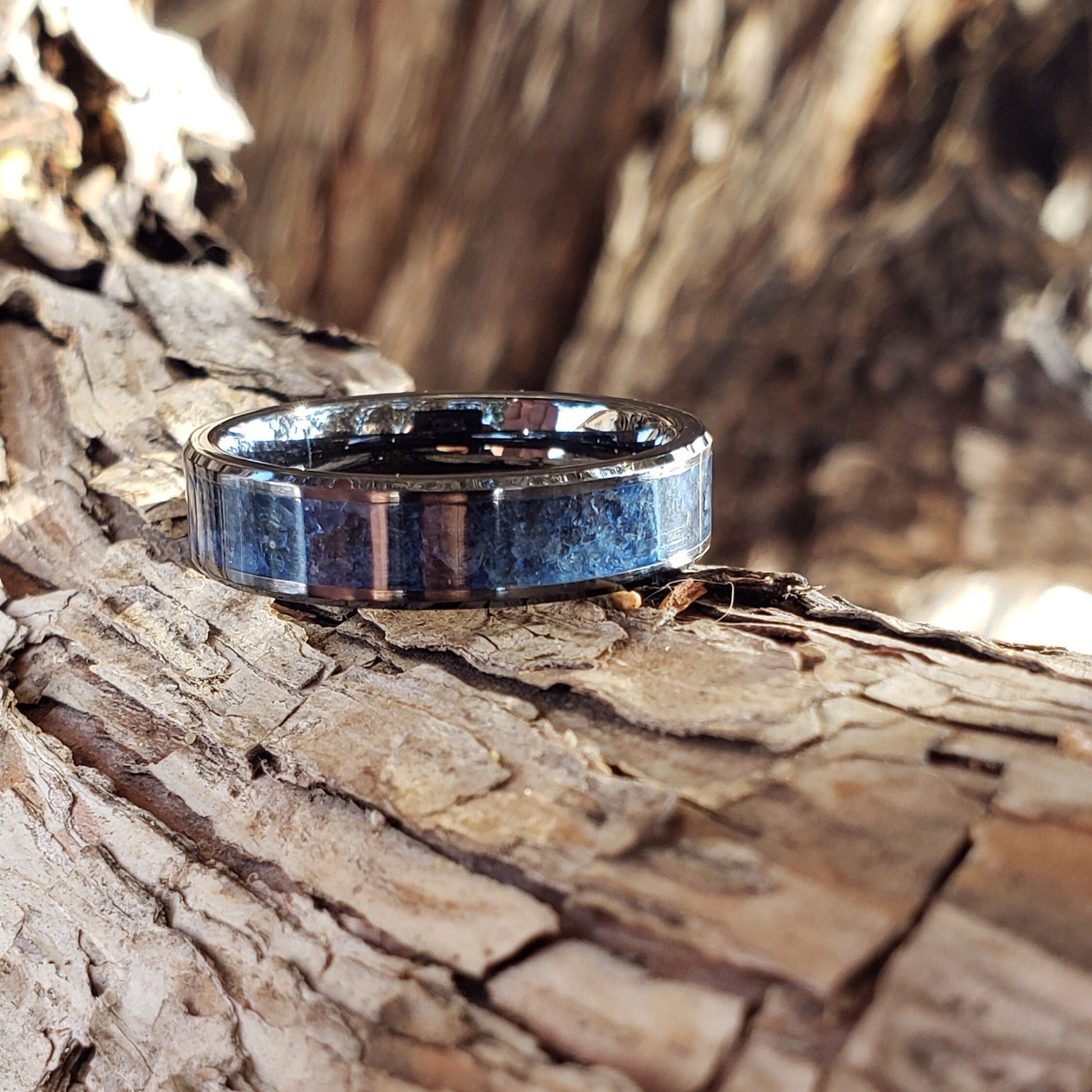 Dark Wisdom Ring - Blue Sapphire Crystal Inlay, Tungsten Ceramic, Men Women, Wedding Ring, His Hers Promise Ring, Engagement Ring 8mm 6mm