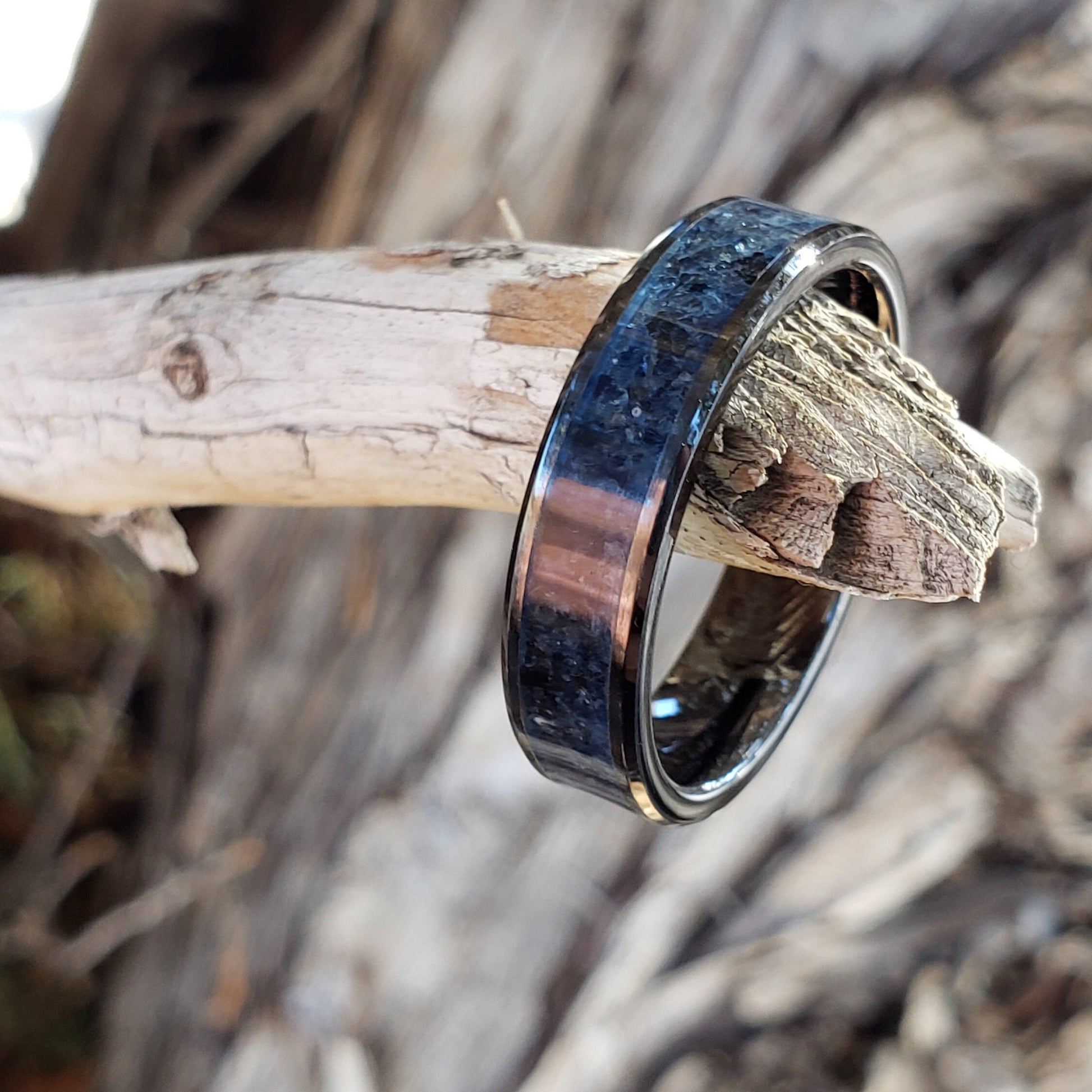 Dark Wisdom Ring - Blue Sapphire Crystal Inlay, Tungsten Ceramic, Men Women, Wedding Ring, His Hers Promise Ring, Engagement Ring 8mm 6mm