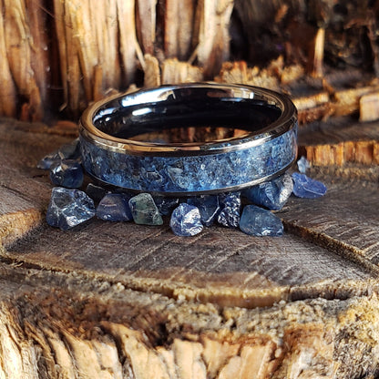 Dark Wisdom Ring - Blue Sapphire Crystal Inlay, Tungsten Ceramic, Men Women, Wedding Ring, His Hers Promise Ring, Engagement Ring 8mm 6mm