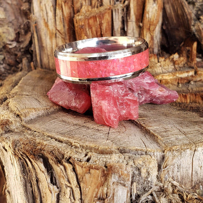 Wild Rose Ring - Rhodonite Crystal Inlay, Tungsten Titanium Ceramic, Men Women, Wedding Ring, His Hers Promise, Engagement Rings 8mm 6mm