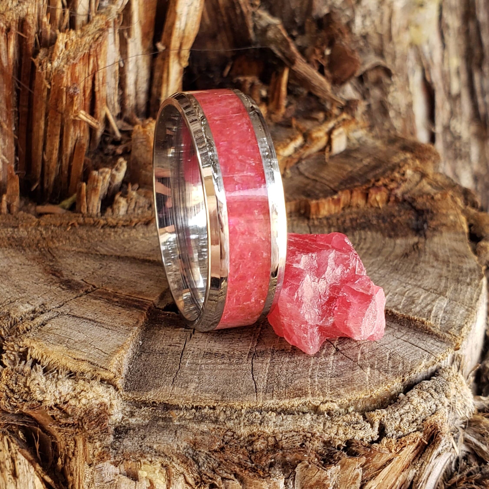 Wild Rose Ring - Rhodonite Crystal Inlay, Tungsten Titanium Ceramic, Men Women, Wedding Ring, His Hers Promise, Engagement Rings 8mm 6mm