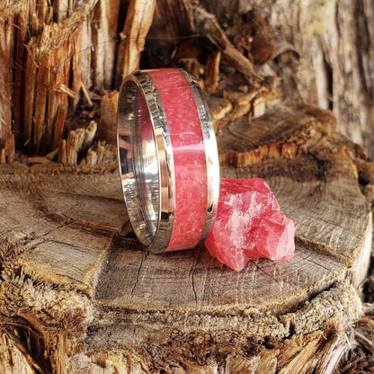 Wild Rose Ring - Rhodonite Crystal Inlay, Tungsten Titanium Ceramic, Men Women, Wedding Ring, His Hers Promise, Engagement Rings 8mm 6mm
