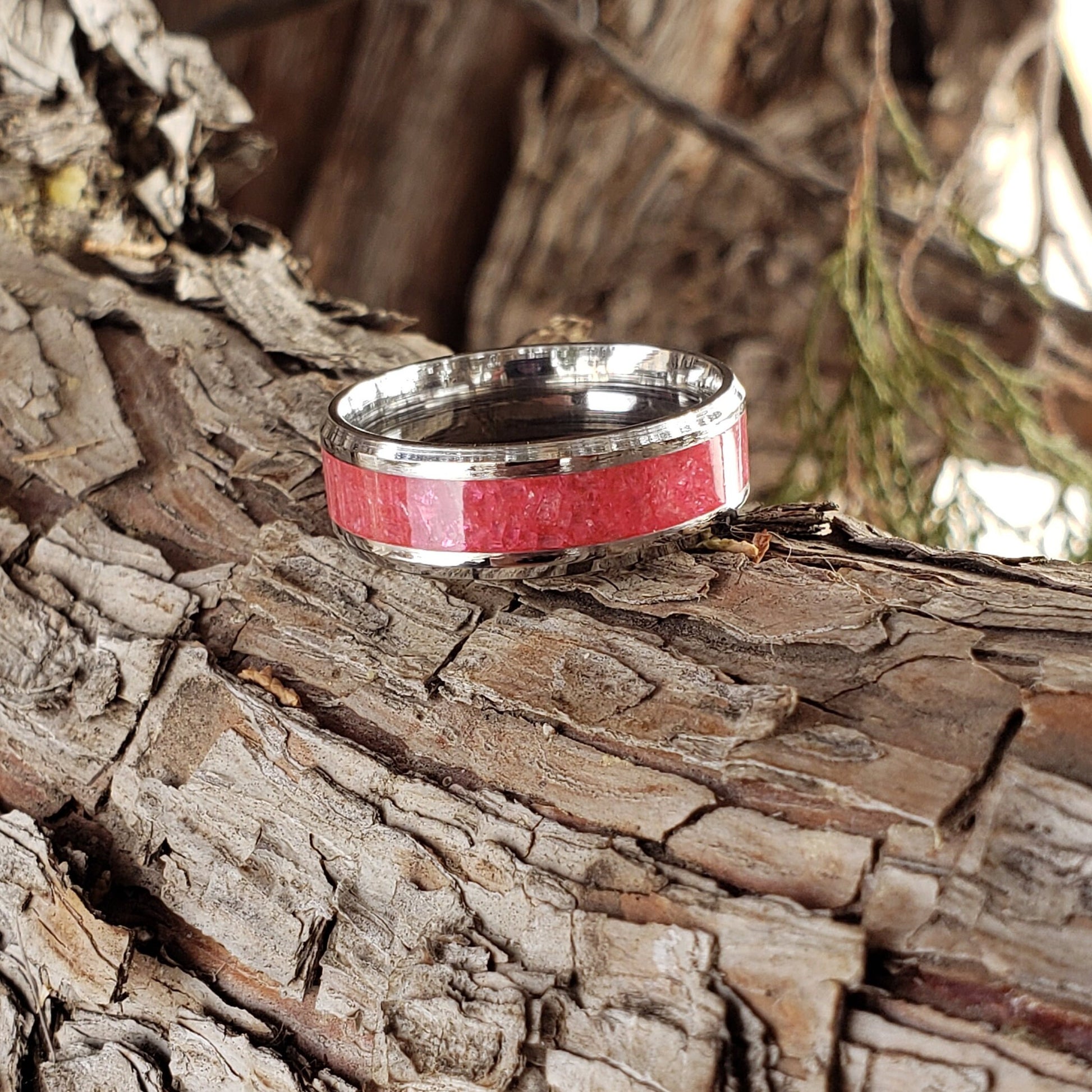 Wild Rose Ring - Rhodonite Crystal Inlay, Tungsten Titanium Ceramic, Men Women, Wedding Ring, His Hers Promise, Engagement Rings 8mm 6mm