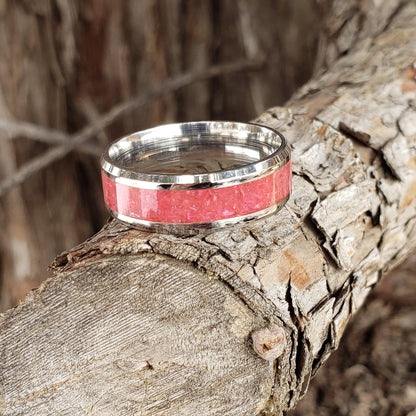 Wild Rose Ring - Rhodonite Crystal Inlay, Tungsten Titanium Ceramic, Men Women, Wedding Ring, His Hers Promise, Engagement Rings 8mm 6mm