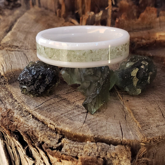 Moldavite Crystal Inlay Ring, Tungsten Carbide Titanium, Men & Women, Wedding Ring, His Hers Promise Ring, Engagement Ring