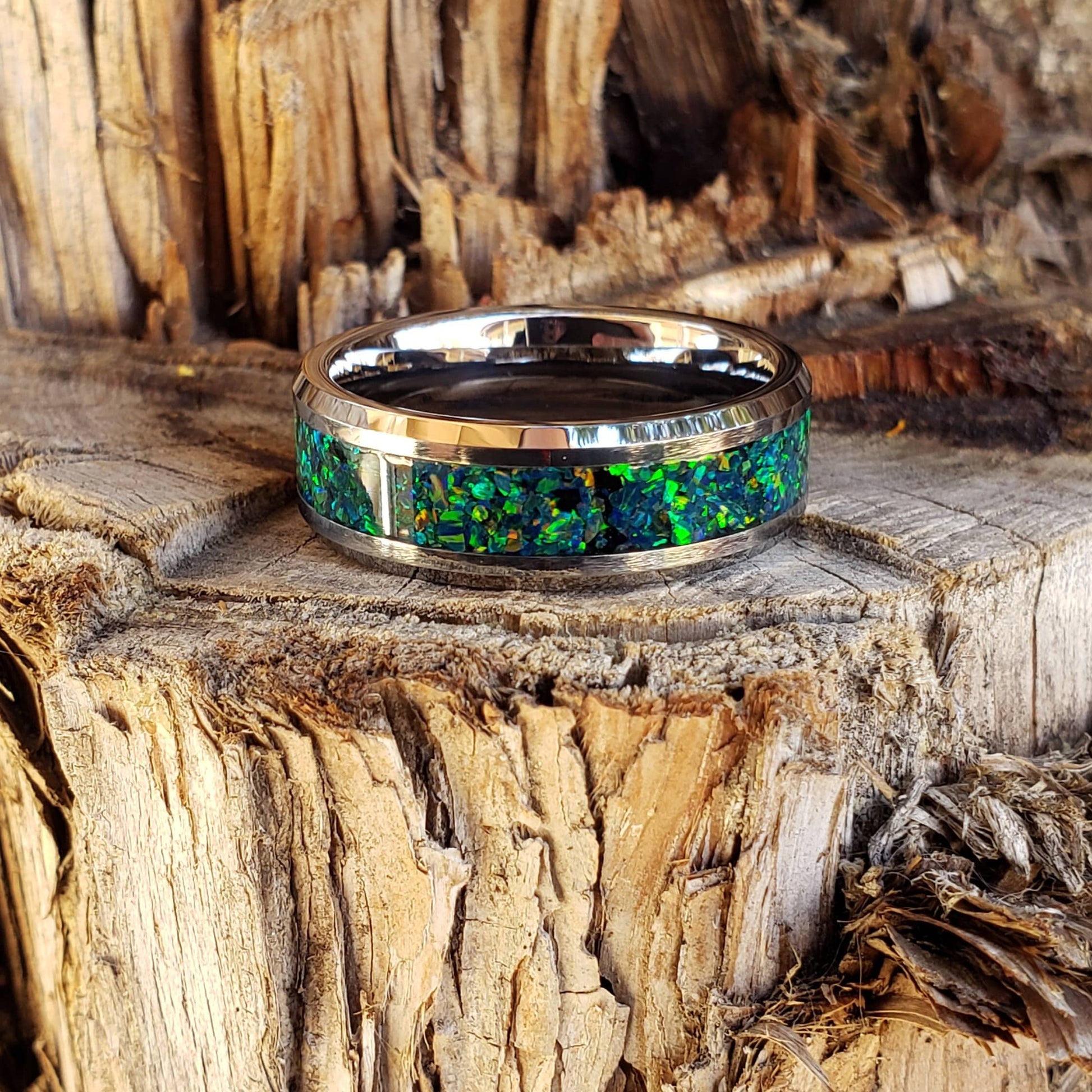 Dragon Scale Ring - Green Opal Crystal Inlay, Tungsten Titanium Ceramic, Men Women, Wedding Ring, His Hers Promise, Engagement Ring 8mm 6mm