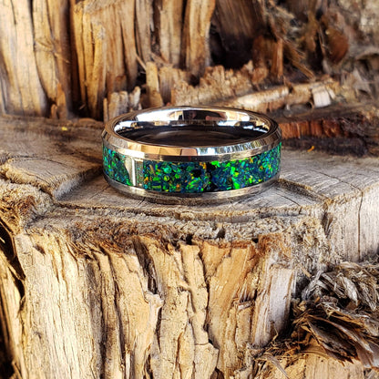 Dragon Scale Ring - Green Opal Crystal Inlay, Tungsten Titanium Ceramic, Men Women, Wedding Ring, His Hers Promise, Engagement Ring 8mm 6mm