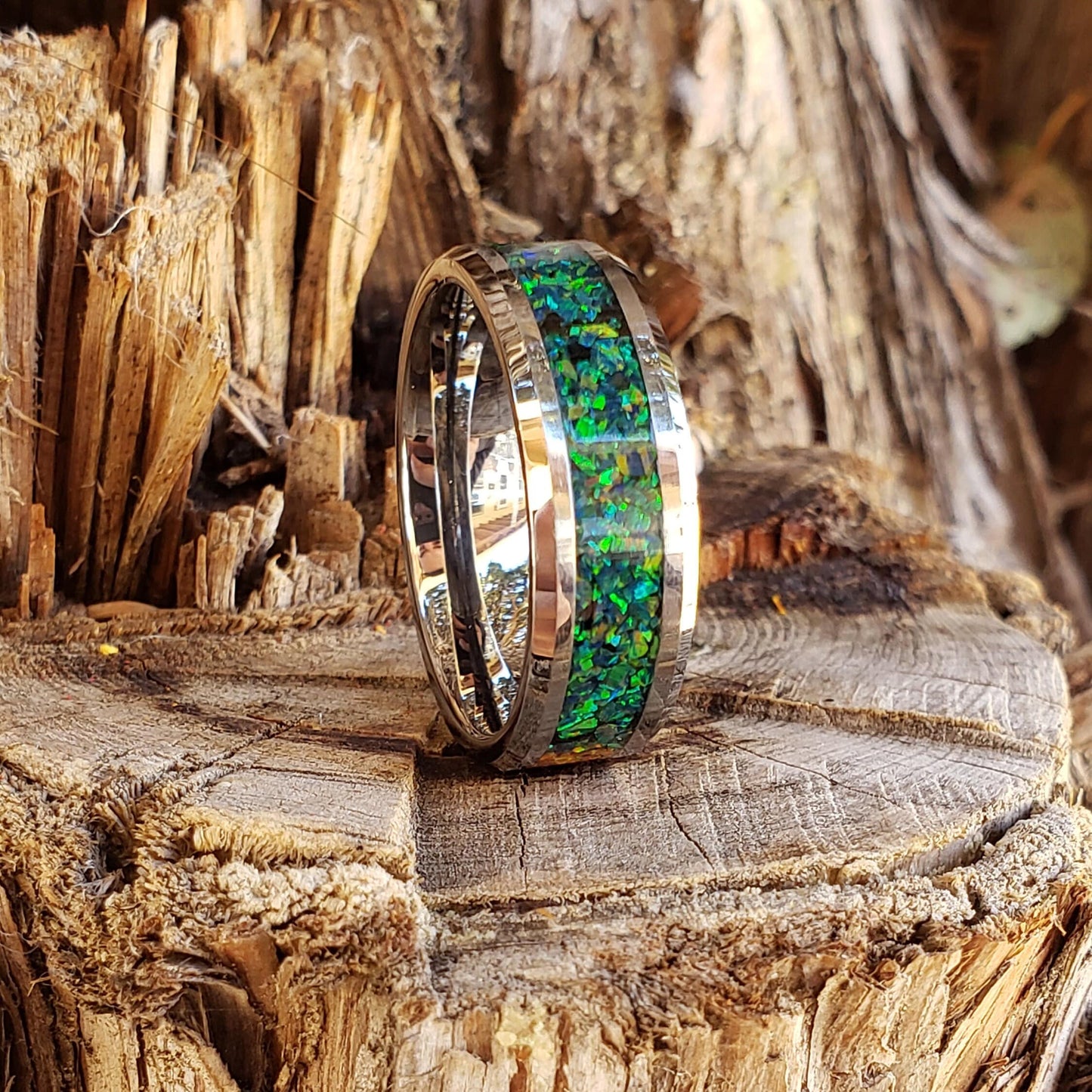 Dragon Scale Ring - Green Opal Crystal Inlay, Tungsten Titanium Ceramic, Men Women, Wedding Ring, His Hers Promise, Engagement Ring 8mm 6mm