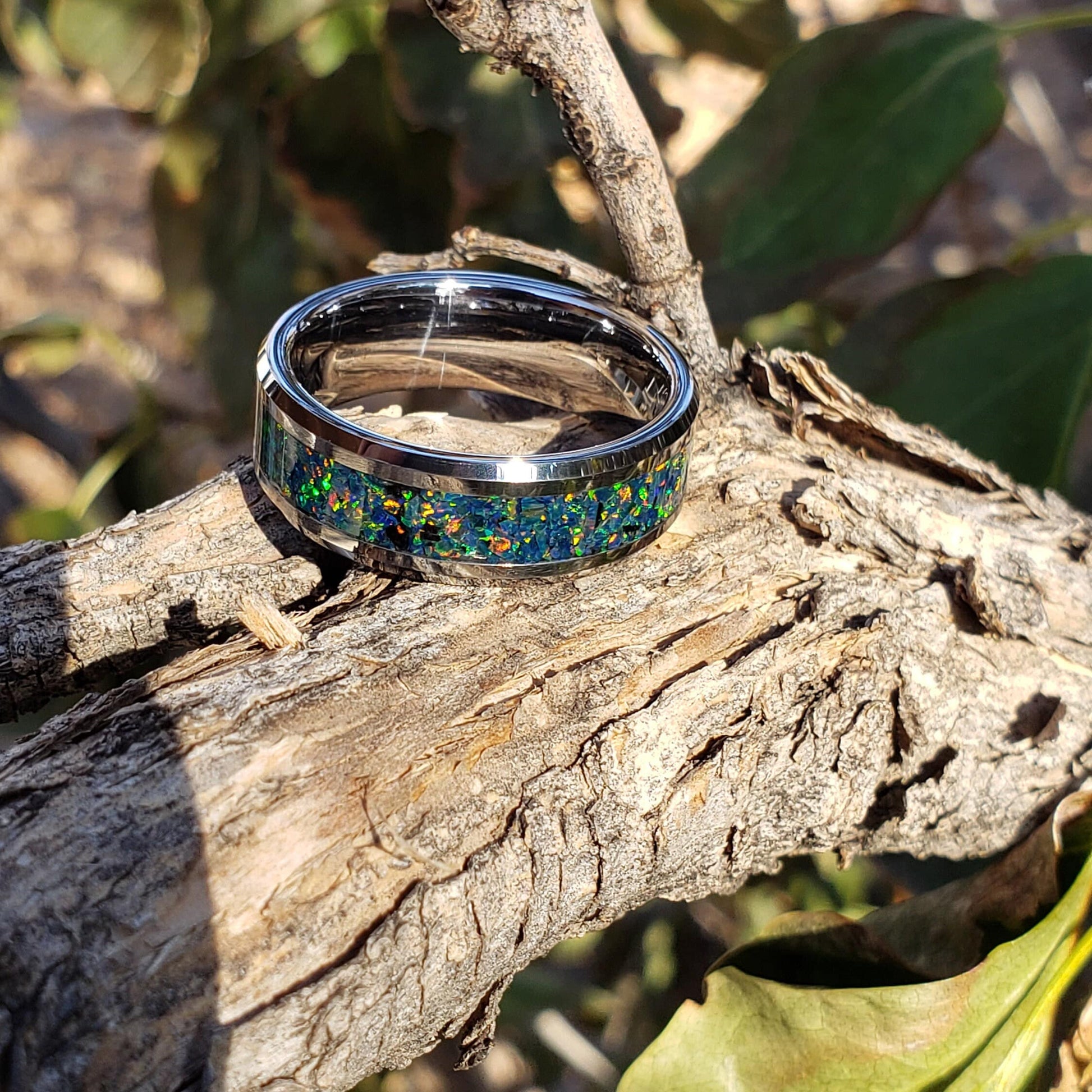 Dragon Scale Ring - Green Opal Crystal Inlay, Tungsten Titanium Ceramic, Men Women, Wedding Ring, His Hers Promise, Engagement Ring 8mm 6mm