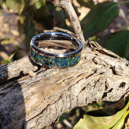 Dragon Scale Ring - Green Opal Crystal Inlay, Tungsten Titanium Ceramic, Men Women, Wedding Ring, His Hers Promise, Engagement Ring 8mm 6mm