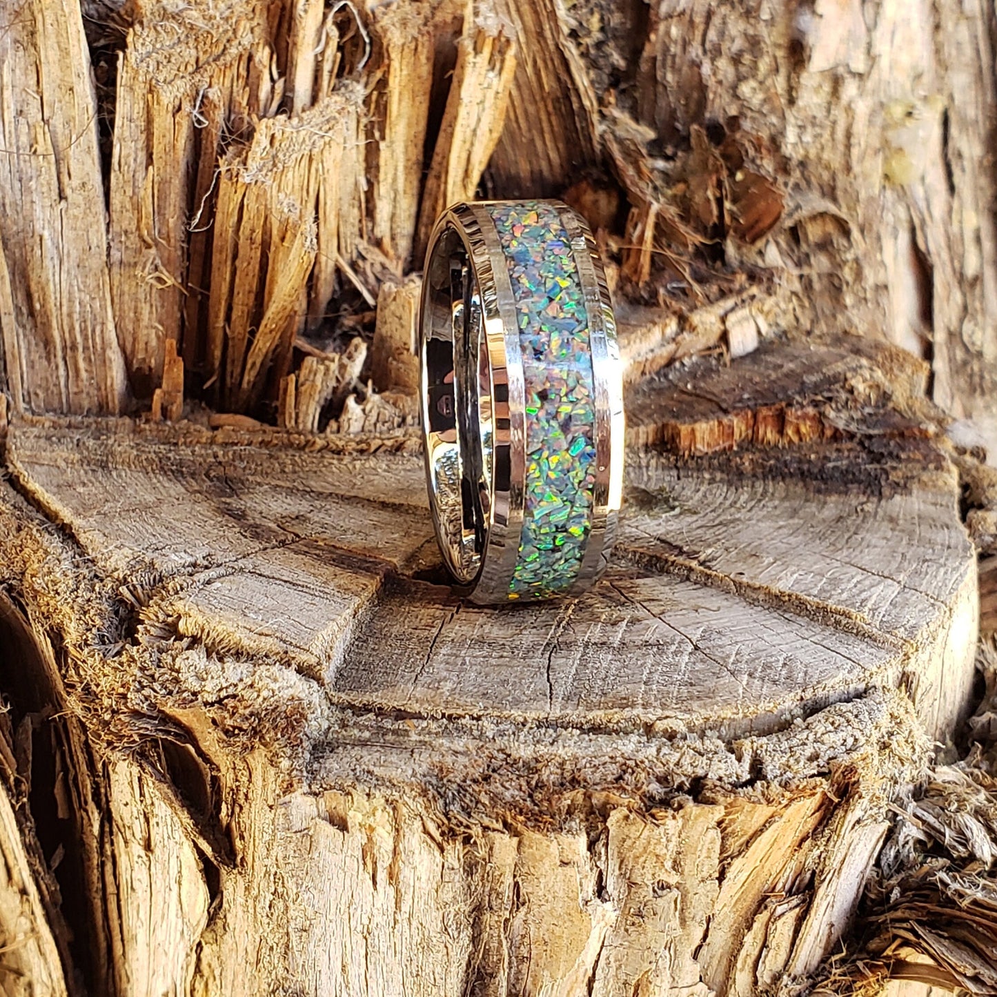 Prism Ring - Gray Opal Crystal Inlay, Tungsten Titanium Ceramic, Men Women, Wedding Ring, His Hers Promise, Engagement Ring 8mm 6mm